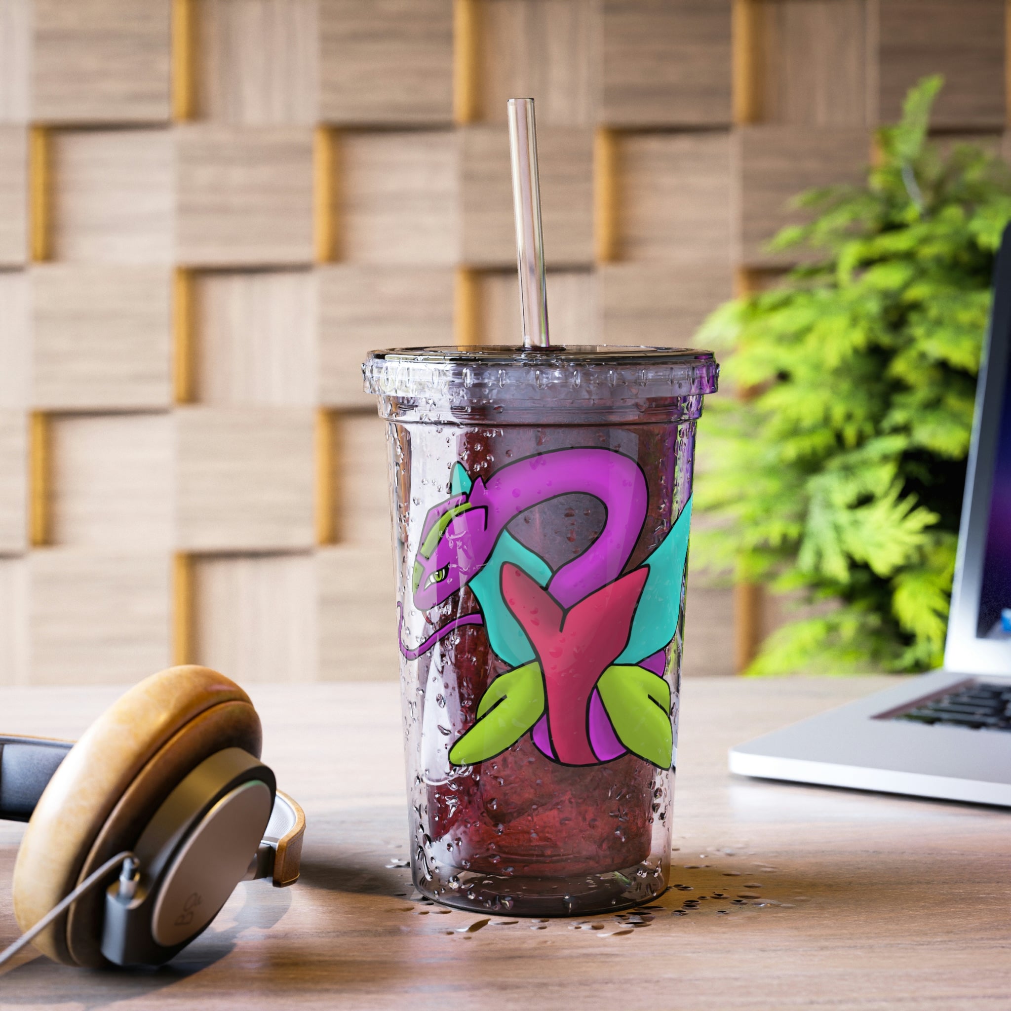 Rengitsu Suave Acrylic Cup with vibrant artwork, double-wall insulation, and a straw, perfect for hot and cold beverages.