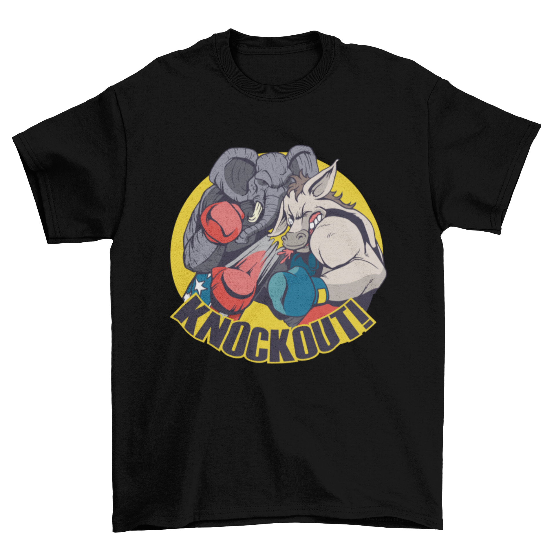 Republican Knockout T-shirt featuring an elephant knocking out a donkey with the word KNOCKOUT!