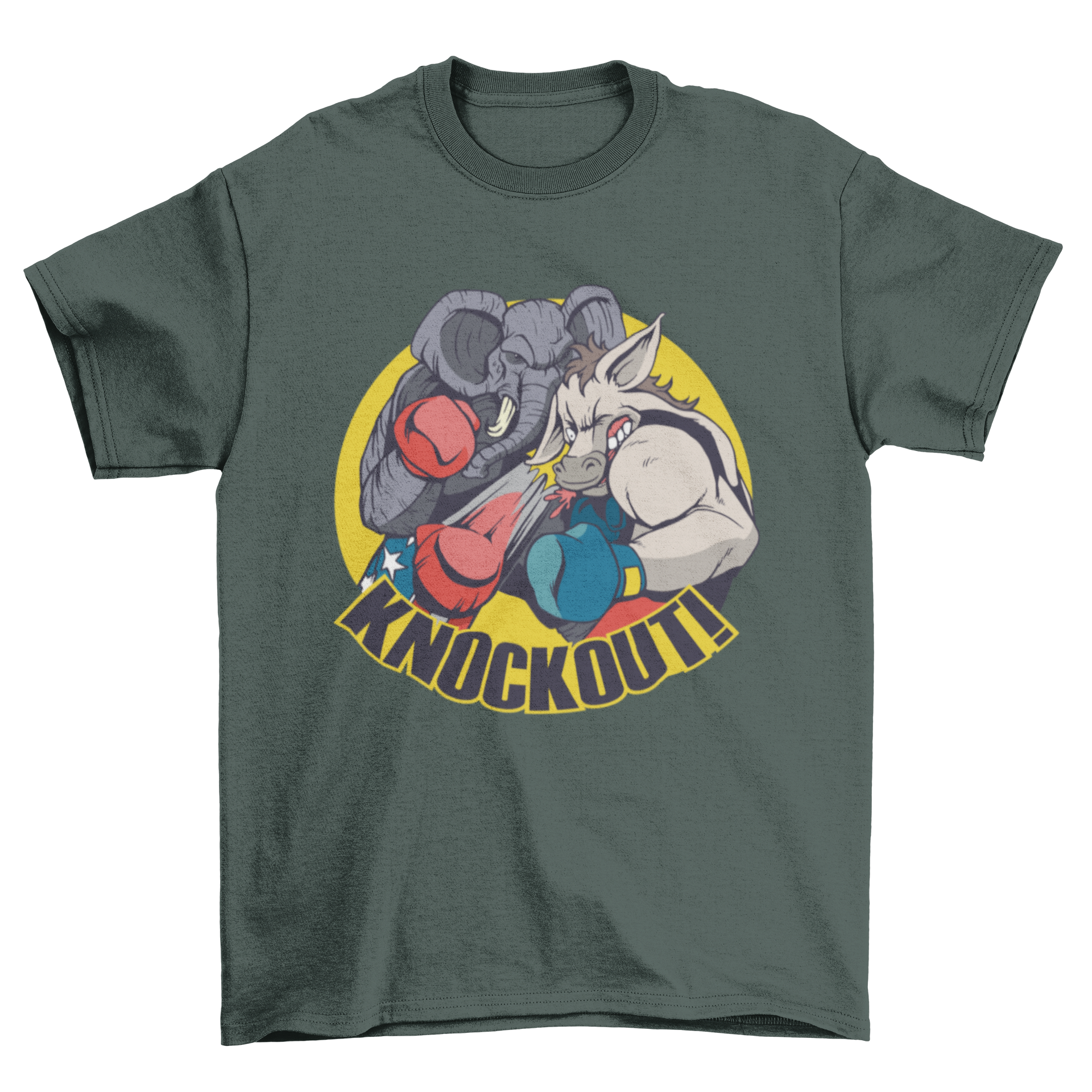 Republican Knockout T-shirt featuring an elephant knocking out a donkey with the word KNOCKOUT!