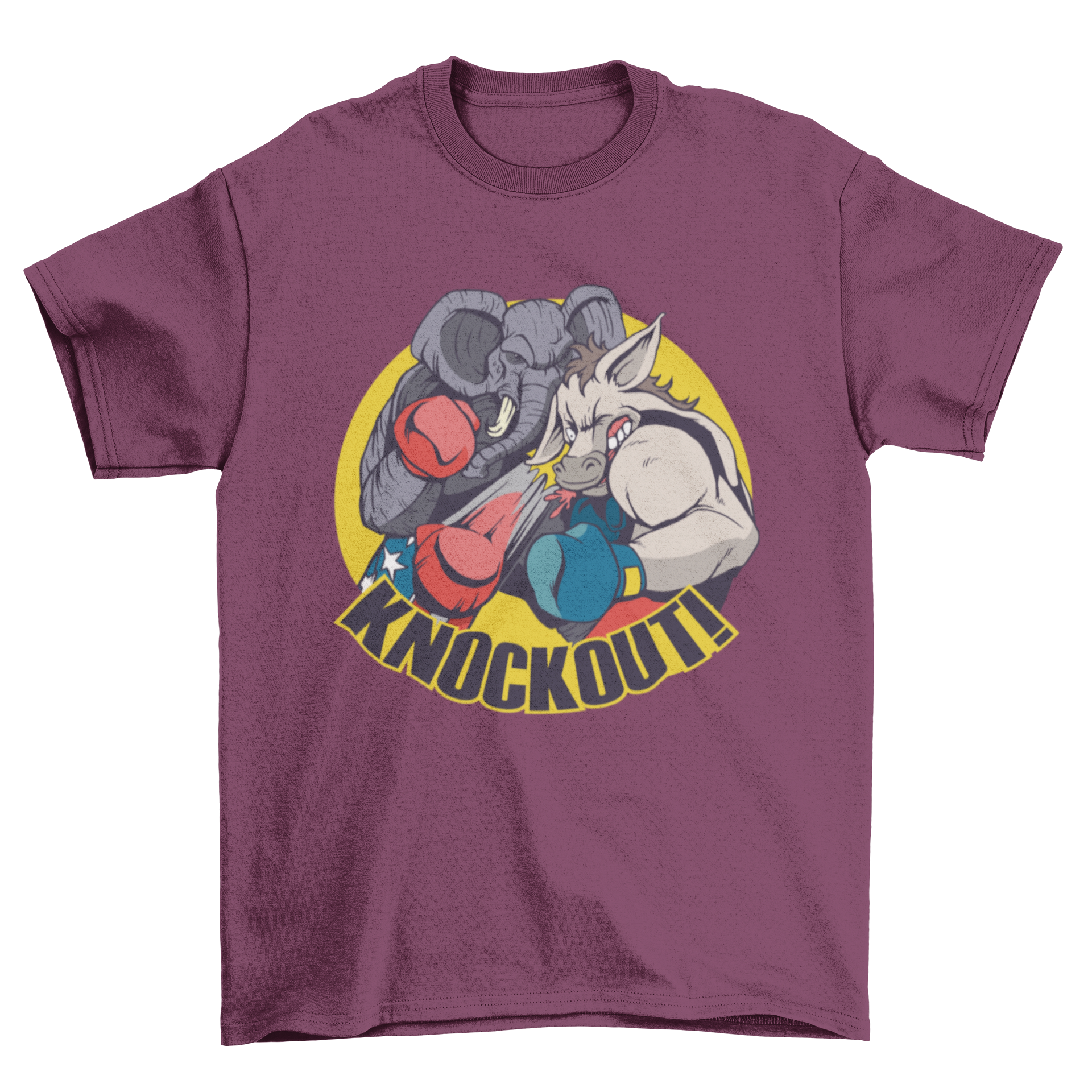 Republican Knockout T-shirt featuring an elephant knocking out a donkey with the word KNOCKOUT!