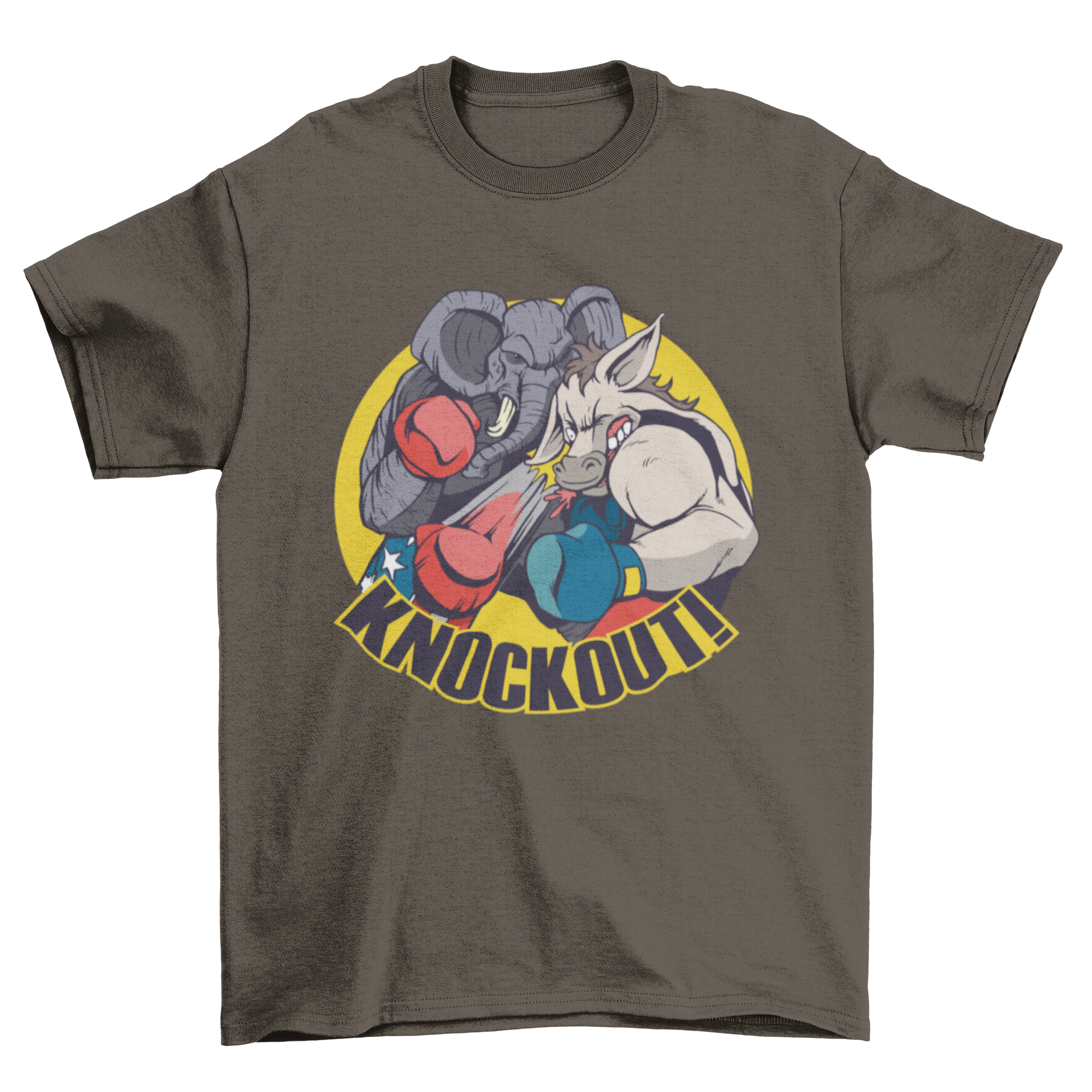 Republican Knockout T-shirt featuring an elephant knocking out a donkey with the word KNOCKOUT!