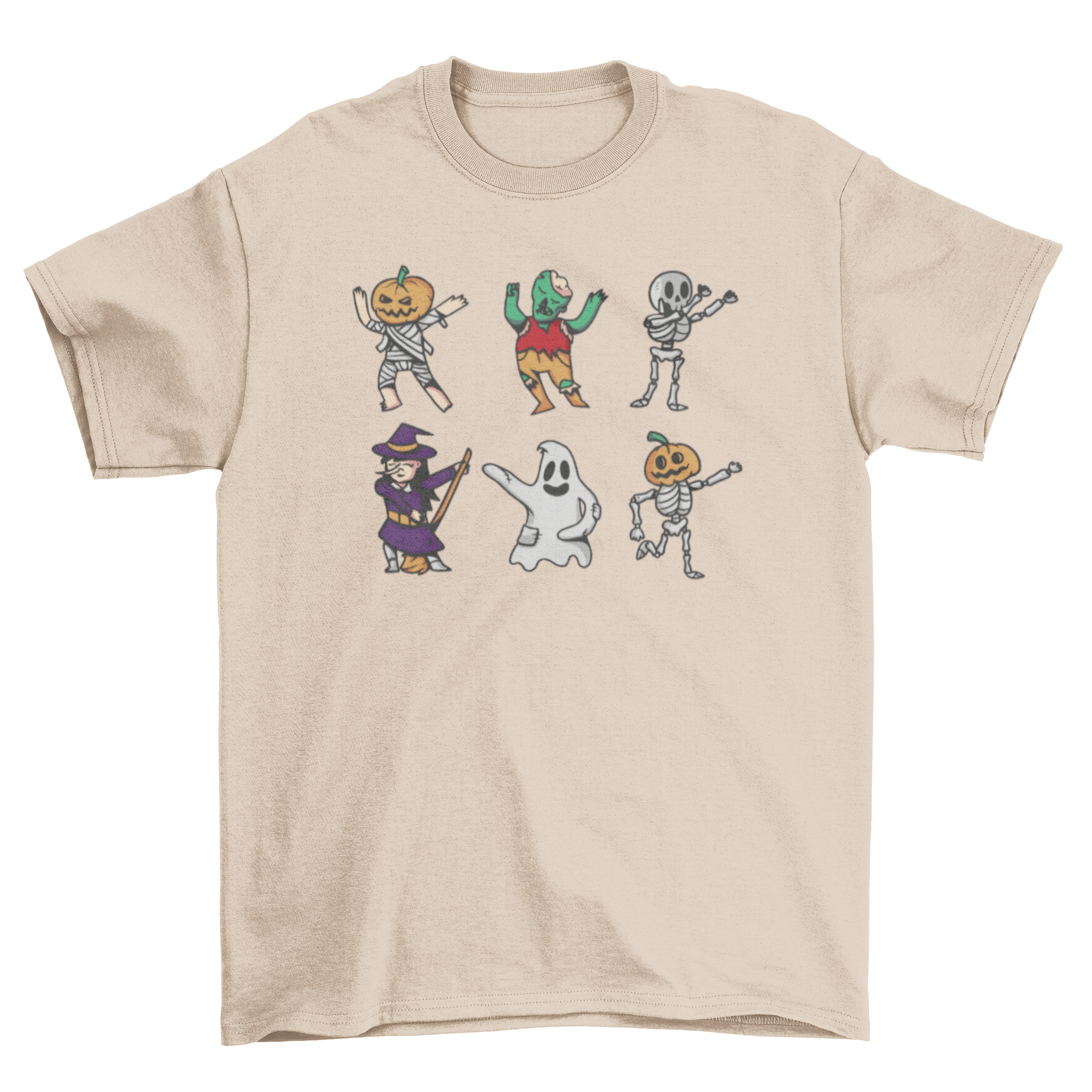 A vibrant t-shirt featuring dancing Halloween characters, perfect for festive celebrations.