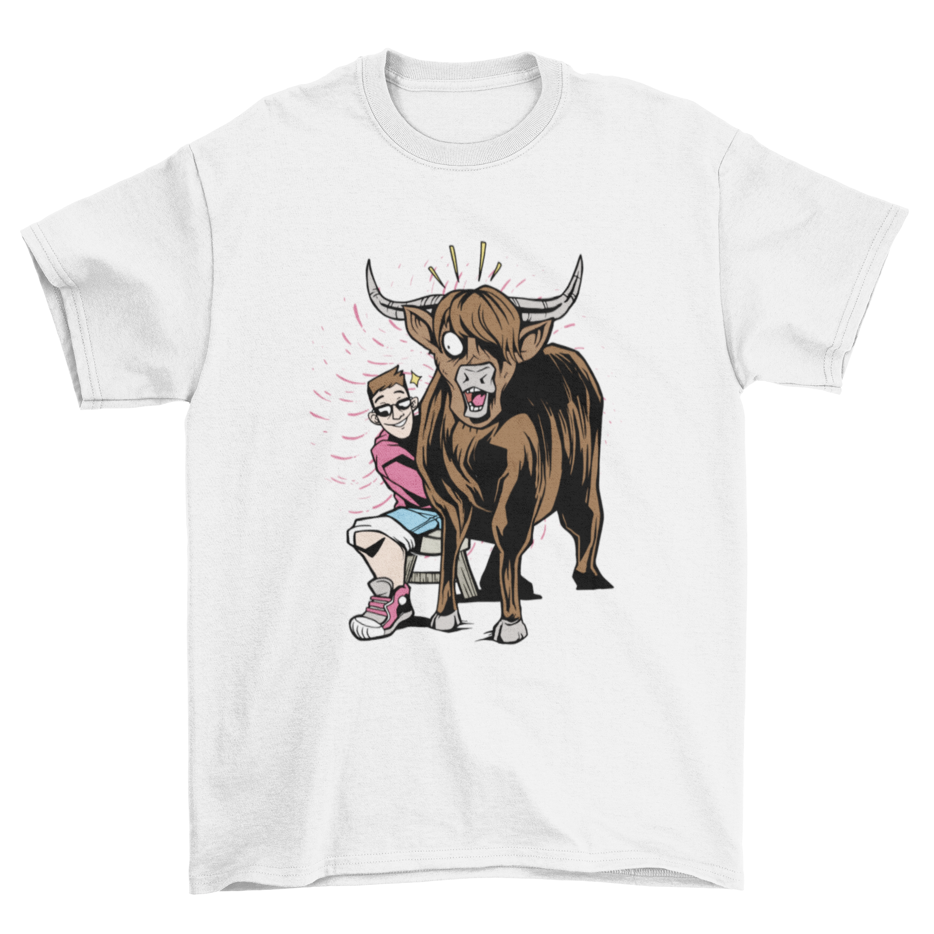 A cartoon t-shirt design featuring a man and a bull, showcasing vibrant colors and playful art style.