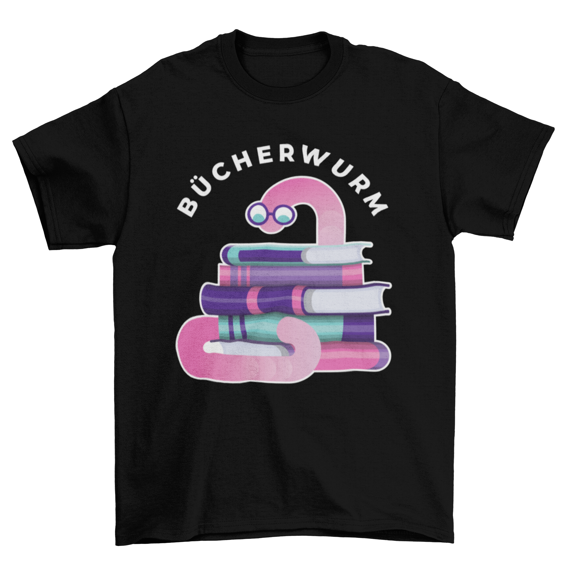 A stylish t-shirt featuring a cute bookworm graphic and the German word 'Bücherwurm', perfect for book lovers.