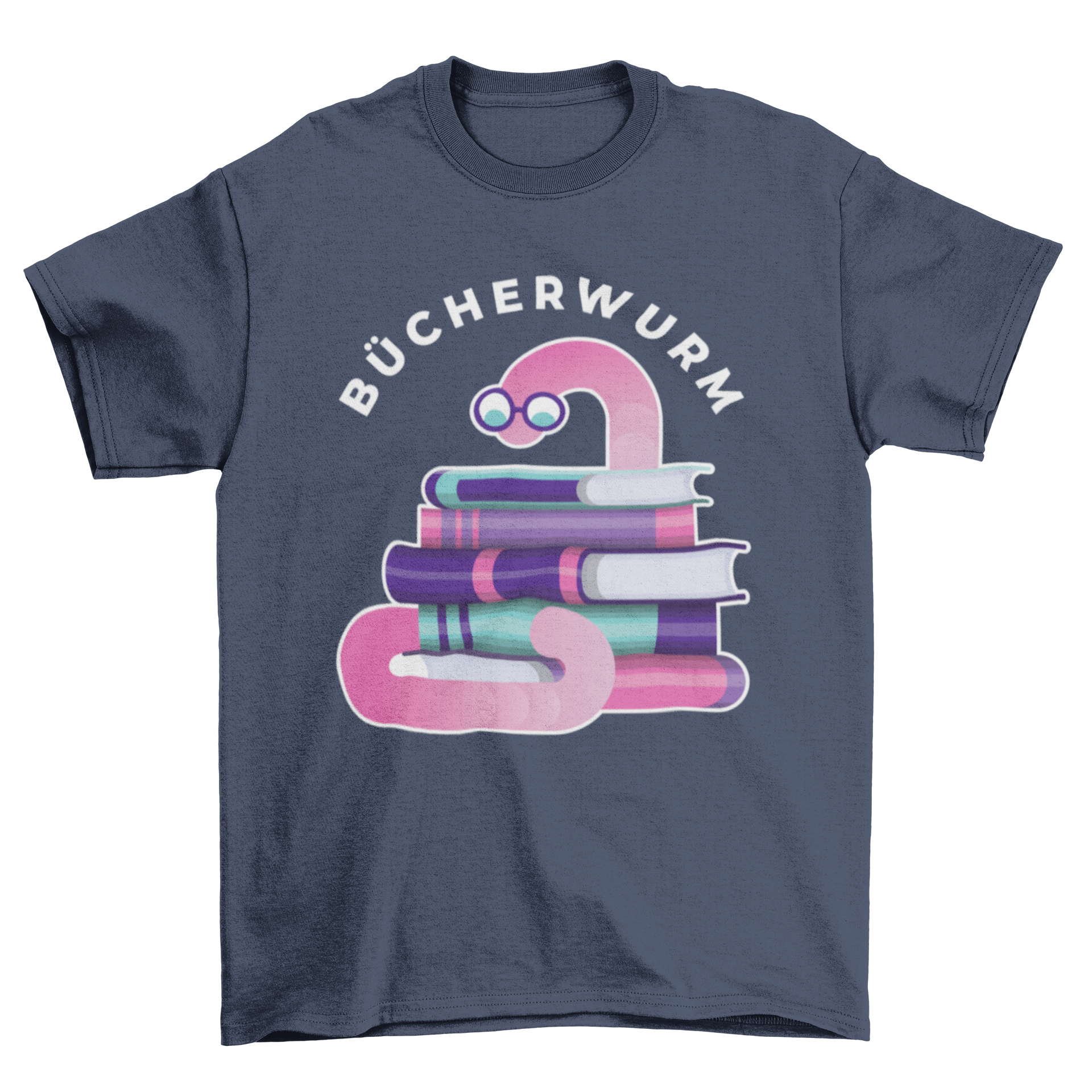 A stylish t-shirt featuring a cute bookworm graphic and the German word 'Bücherwurm', perfect for book lovers.
