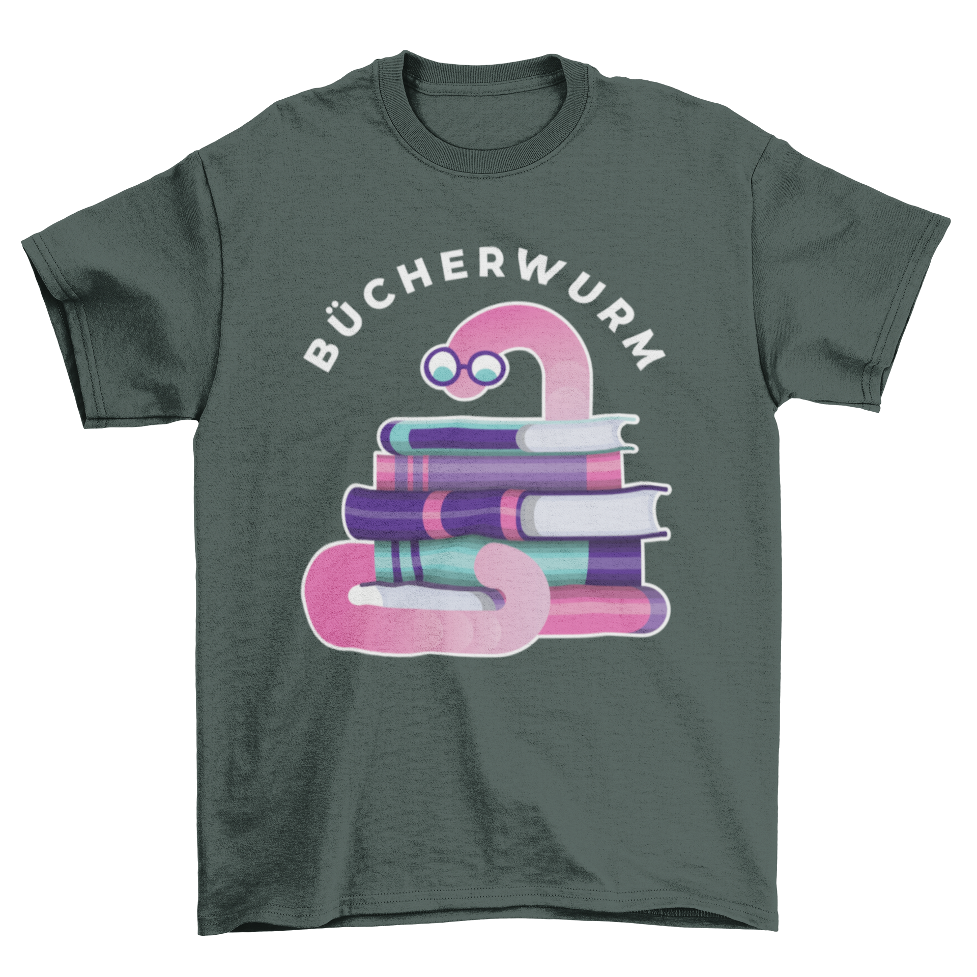 A stylish t-shirt featuring a cute bookworm graphic and the German word 'Bücherwurm', perfect for book lovers.