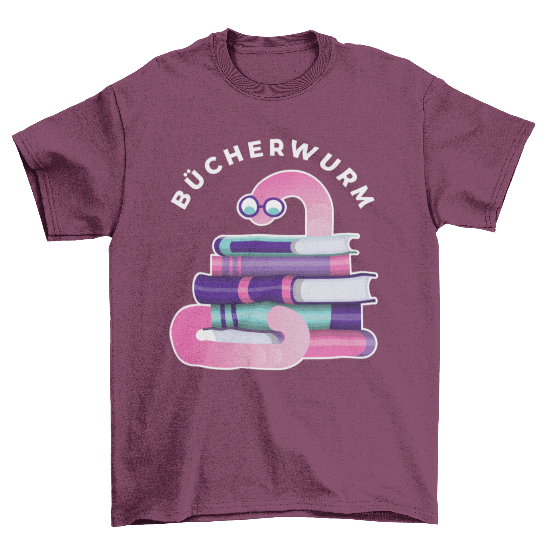 A stylish t-shirt featuring a cute bookworm graphic and the German word 'Bücherwurm', perfect for book lovers.