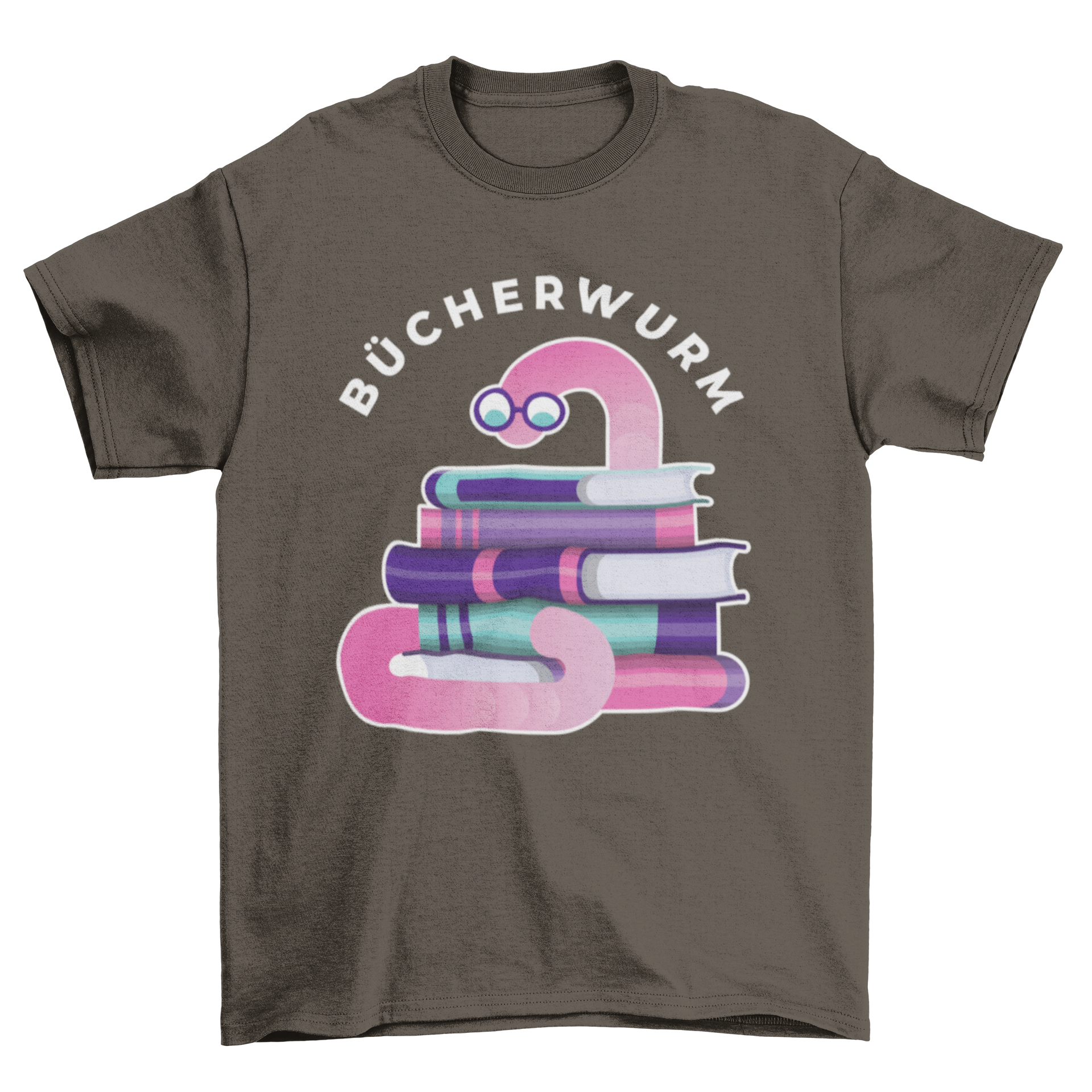 A stylish t-shirt featuring a cute bookworm graphic and the German word 'Bücherwurm', perfect for book lovers.