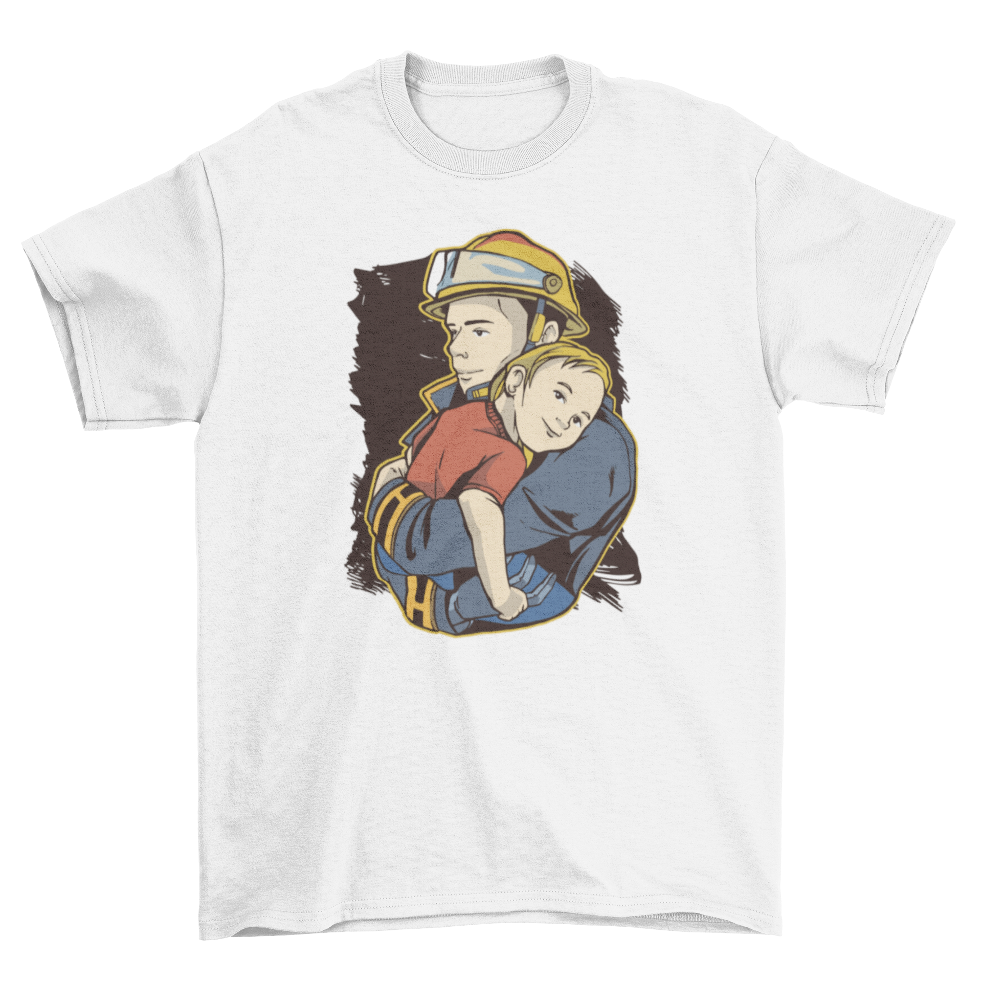 Rescue fireman t-shirt design featuring a firefighter carrying a happy child, showcasing bravery and compassion.