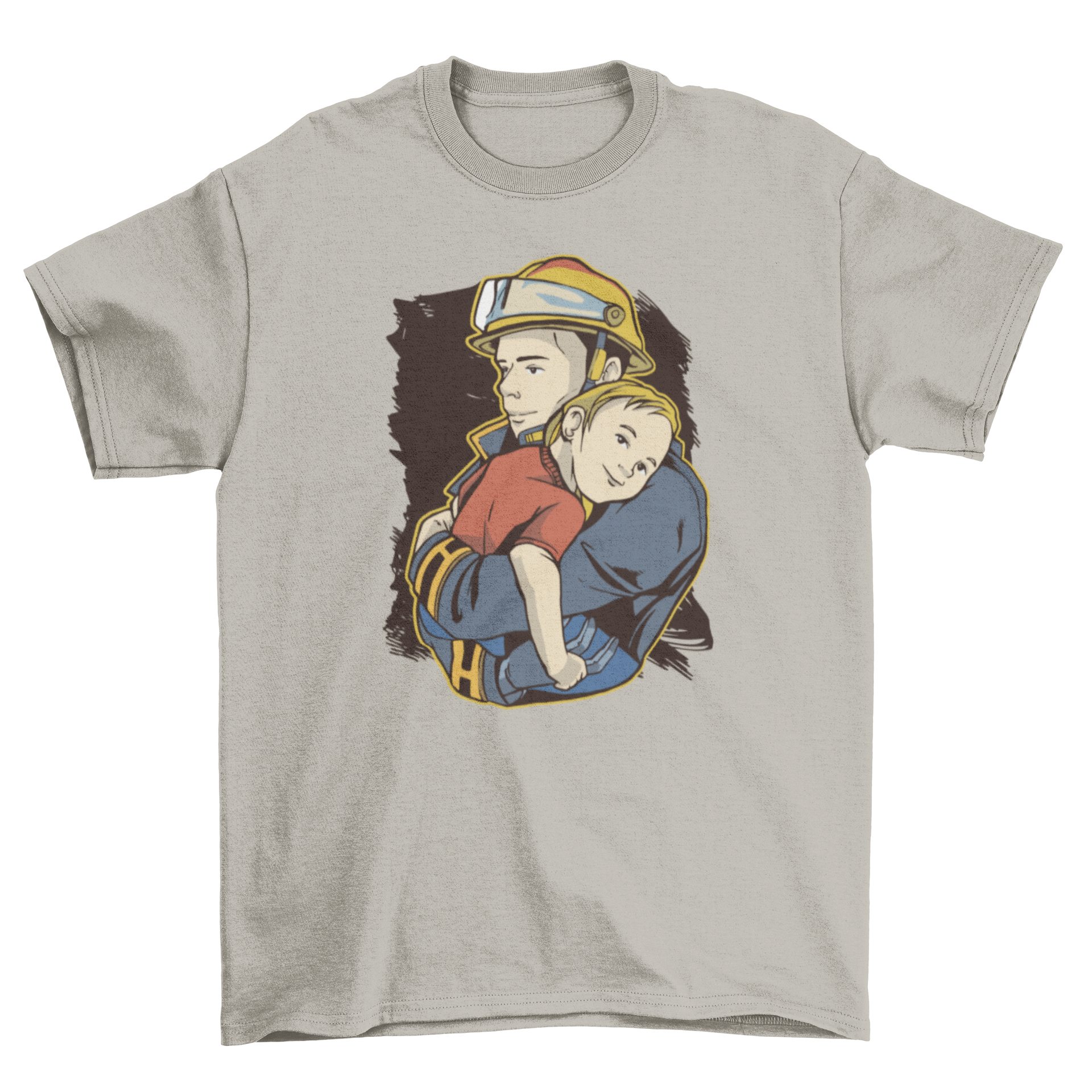 Rescue fireman t-shirt design featuring a firefighter carrying a happy child, showcasing bravery and compassion.