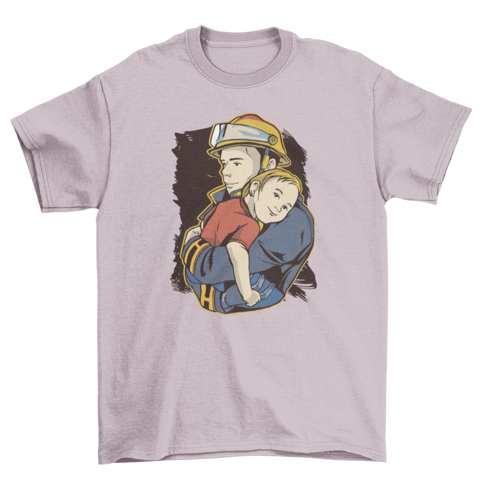 Rescue fireman t-shirt design featuring a firefighter carrying a happy child, showcasing bravery and compassion.