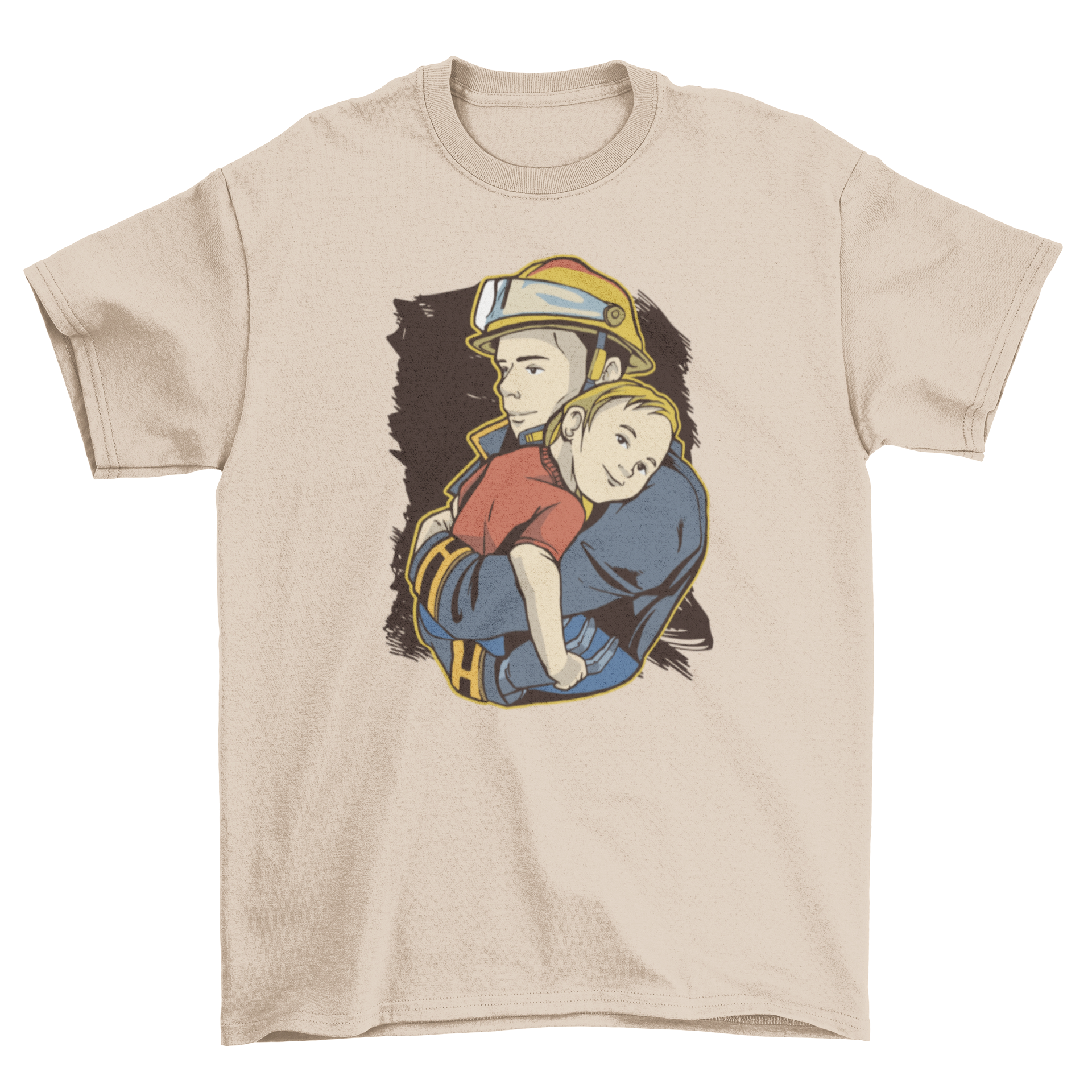 Rescue fireman t-shirt design featuring a firefighter carrying a happy child, showcasing bravery and compassion.