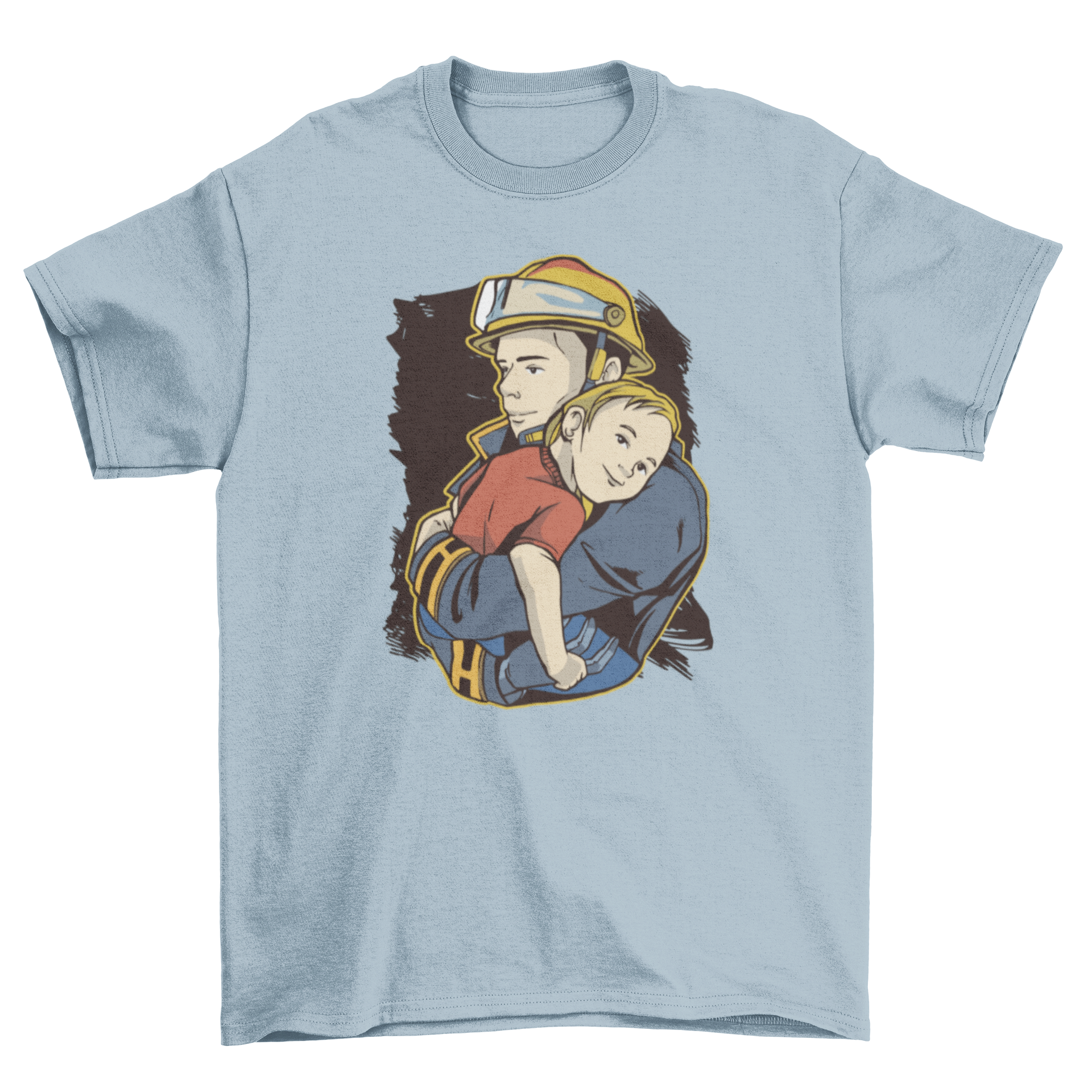 Rescue fireman t-shirt design featuring a firefighter carrying a happy child, showcasing bravery and compassion.