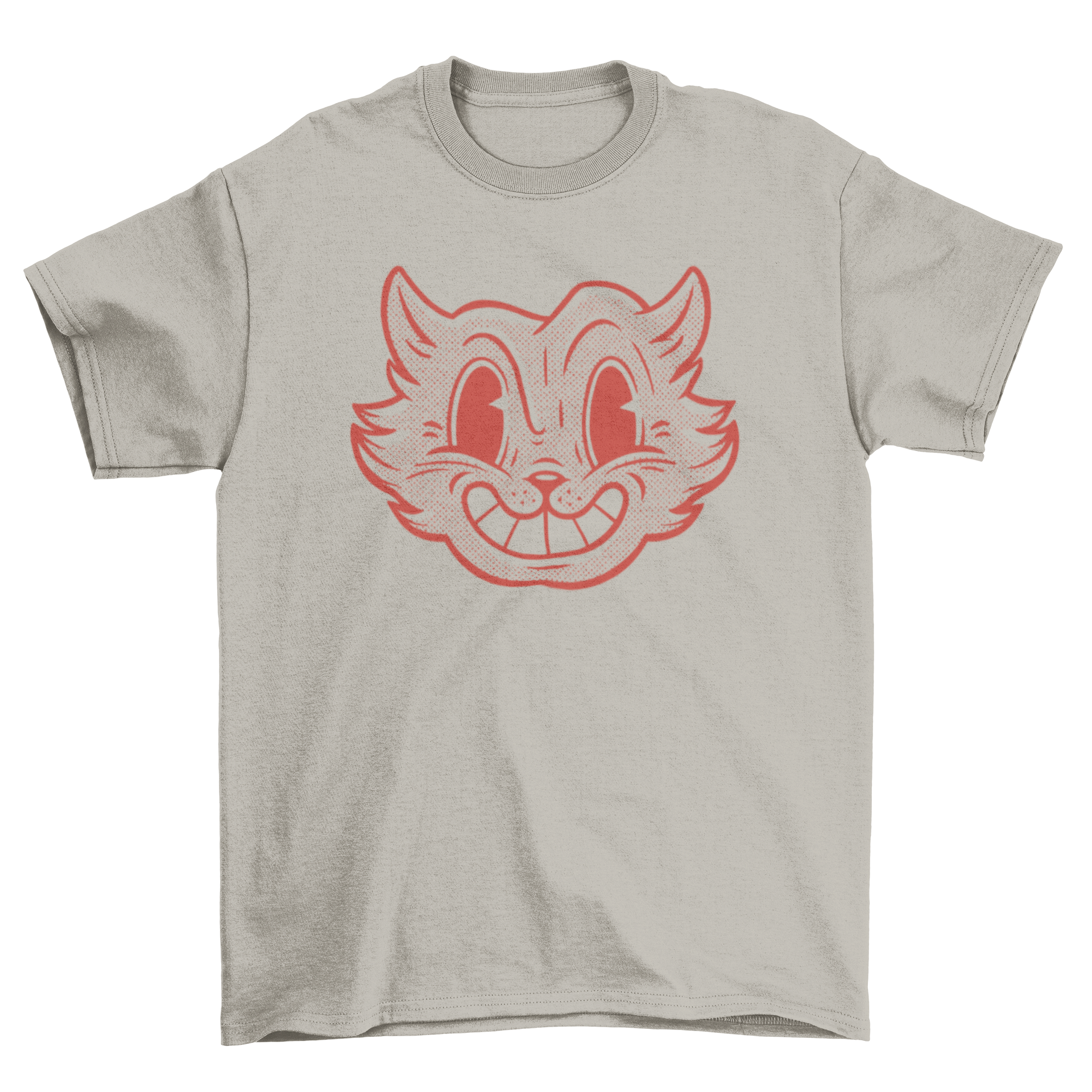 A retro cartoon cat t-shirt design featuring a playful cat in halftone style, showcasing vibrant colors and a unique vintage aesthetic.