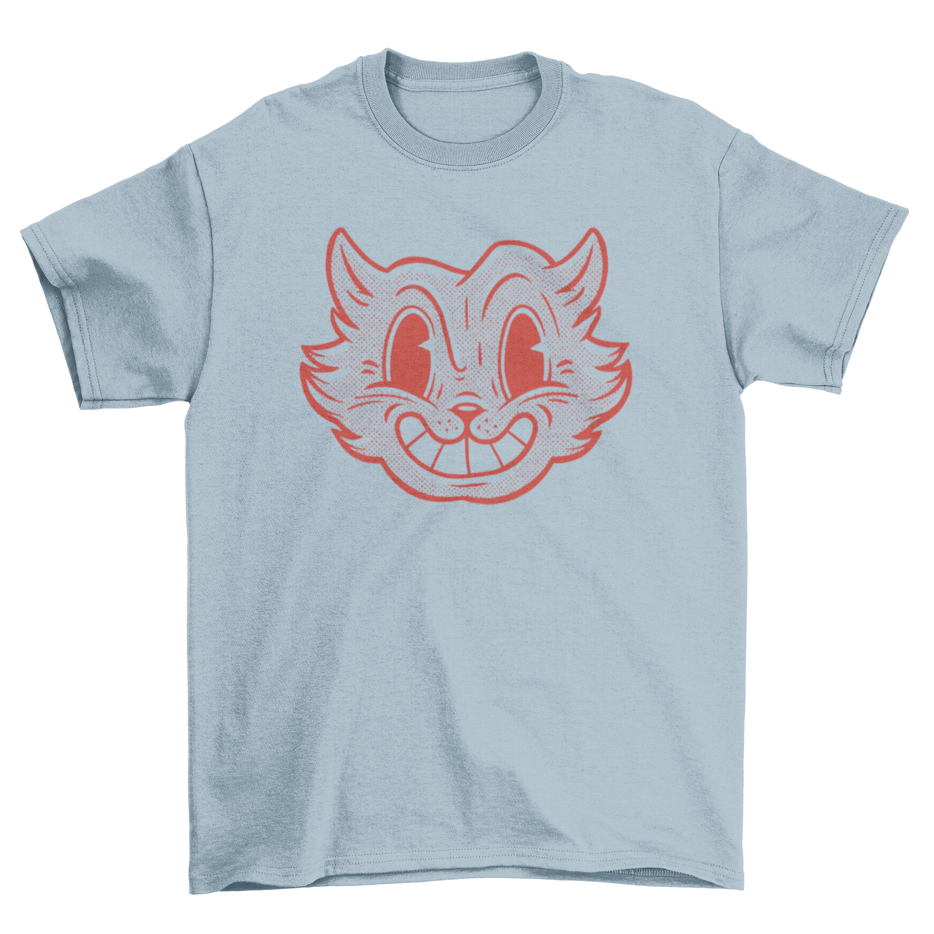 A retro cartoon cat t-shirt design featuring a playful cat in halftone style, showcasing vibrant colors and a unique vintage aesthetic.