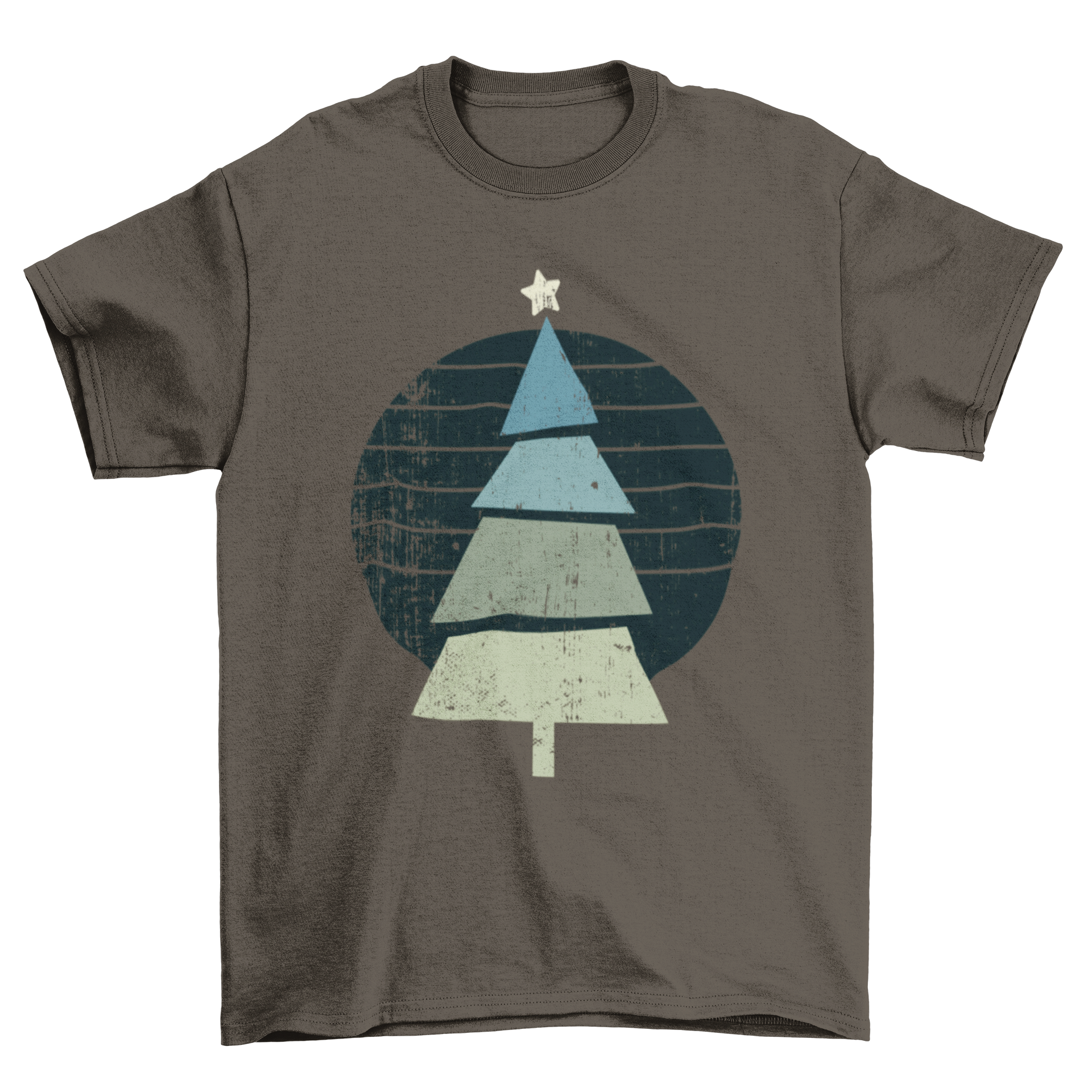 A stylish retro Christmas tree t-shirt design featuring a colorful vintage Christmas tree illustration.