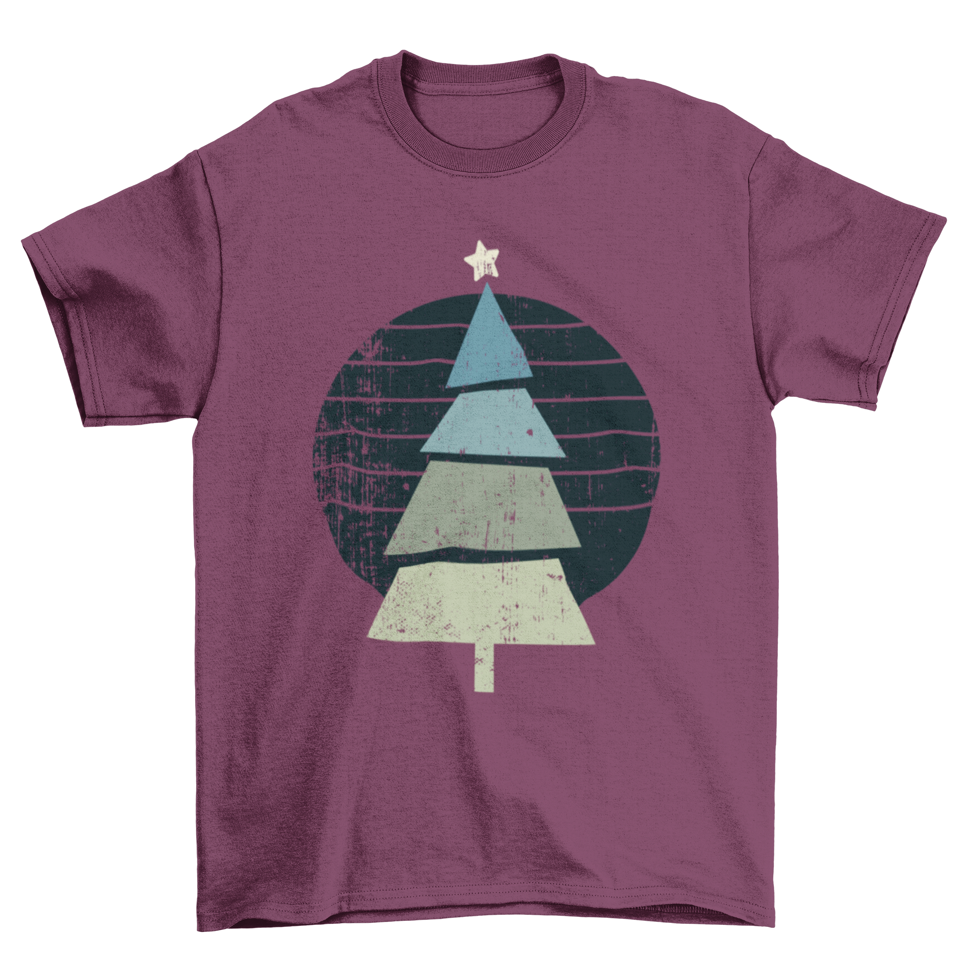 A stylish retro Christmas tree t-shirt design featuring a colorful vintage Christmas tree illustration.