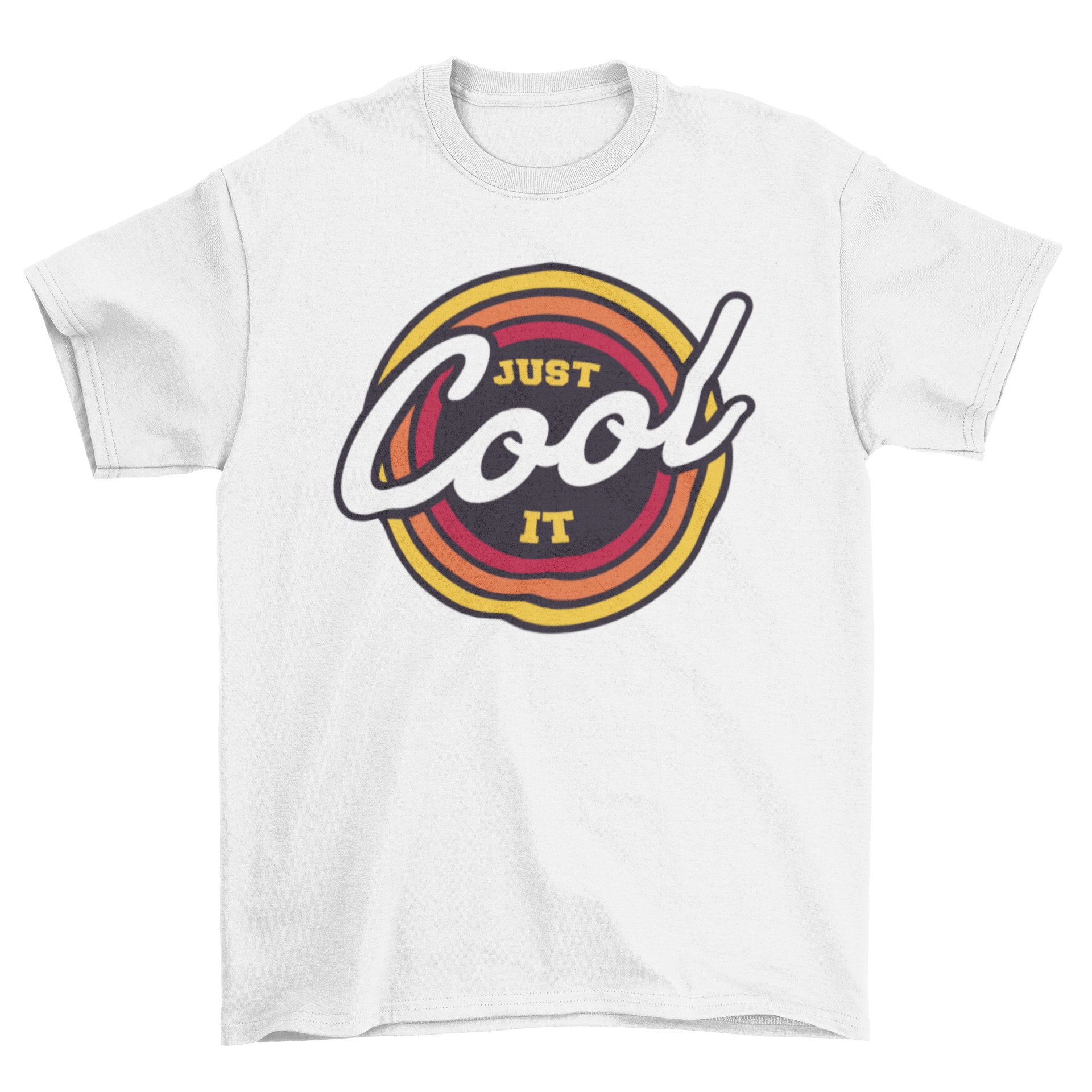 Retro cool quote t-shirt featuring 'Just cool it' in vibrant colors over circles.