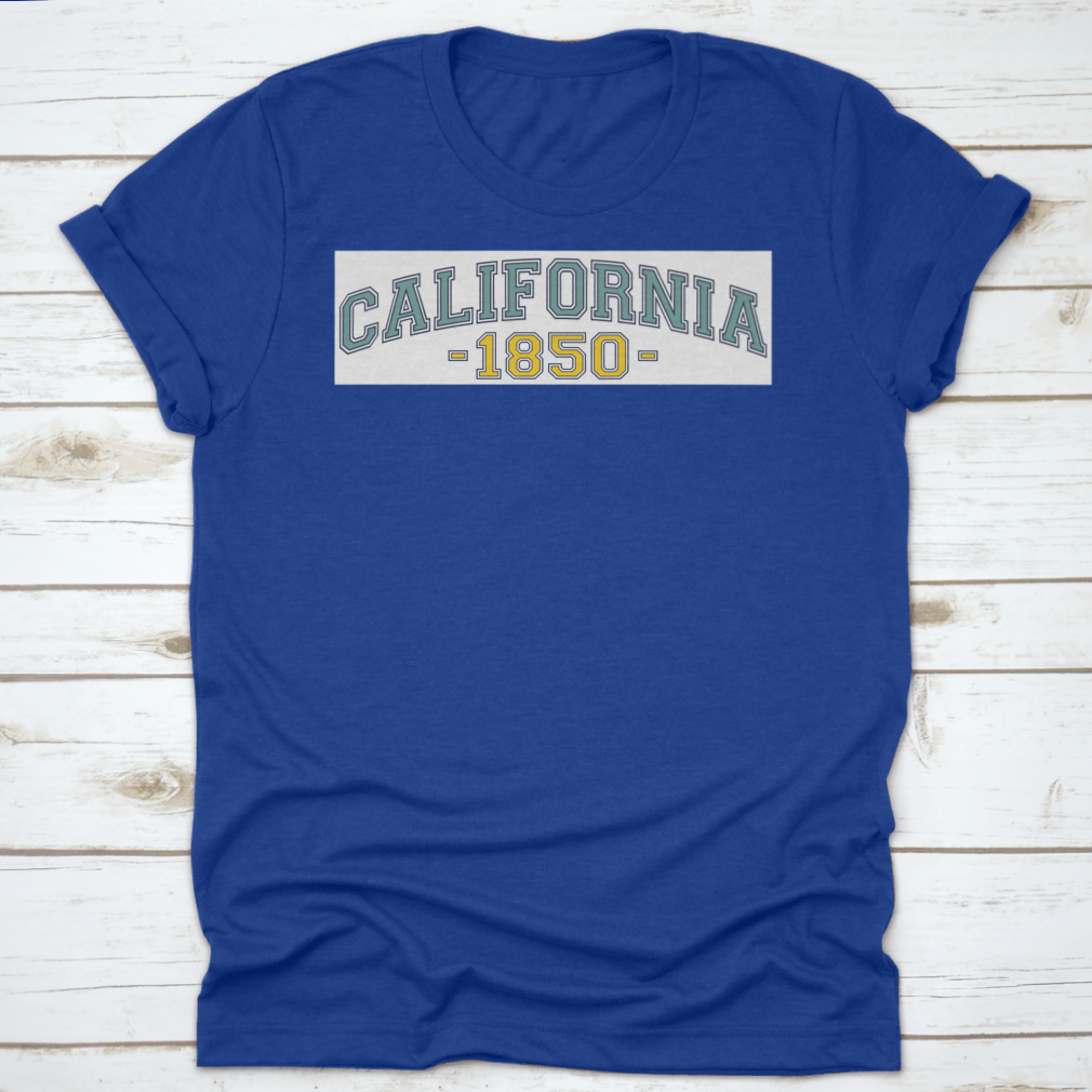 Retro College California 1850 Varsity Typography Vector showcasing vintage font style on a comfortable cotton fabric.