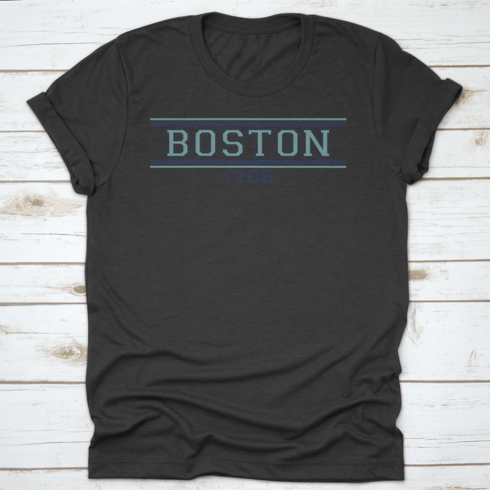 Retro College Varsity Font Typography T-shirt featuring Boston City Slogan, showcasing a classic fit and soft fabric.