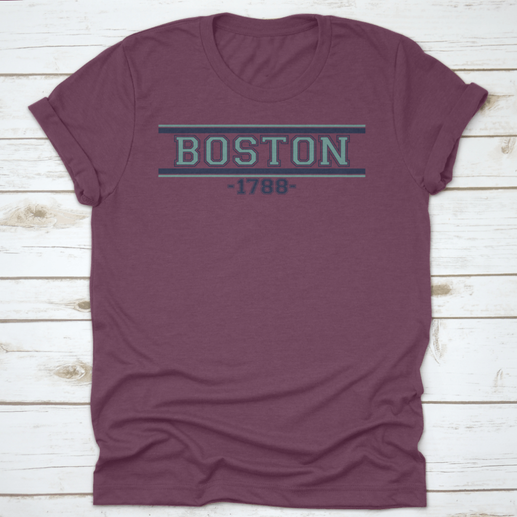 Retro College Varsity Font Typography T-shirt featuring Boston City Slogan, showcasing a classic fit and soft fabric.