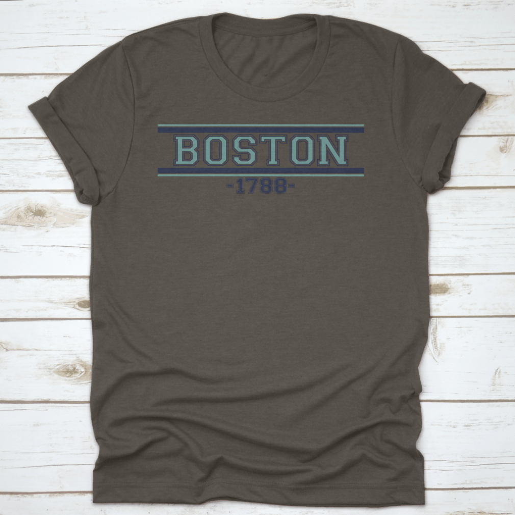 Retro College Varsity Font Typography T-shirt featuring Boston City Slogan, showcasing a classic fit and soft fabric.