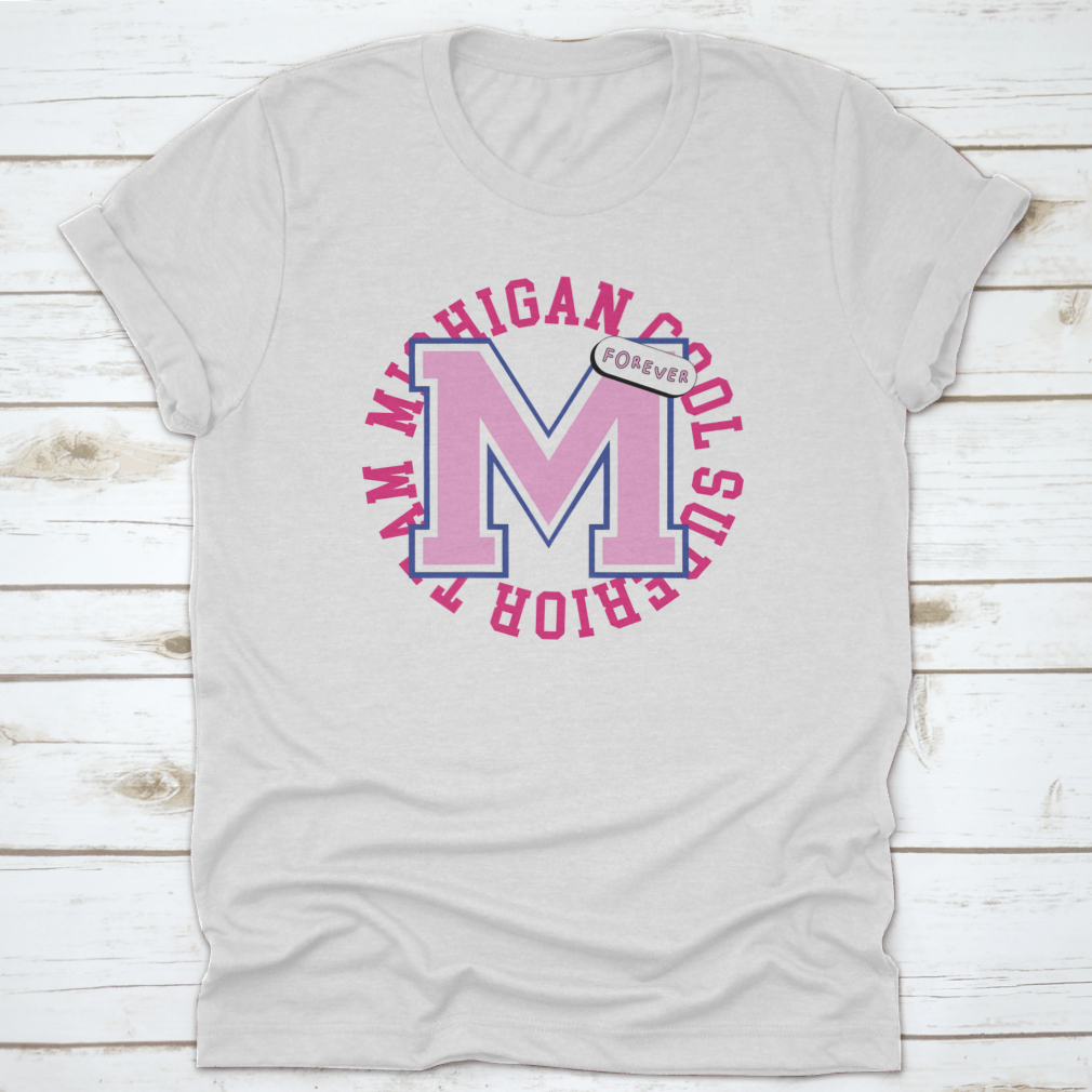 Retro College Varsity Typography print featuring Michigan slogan, showcasing a stylish design on a cotton fabric.