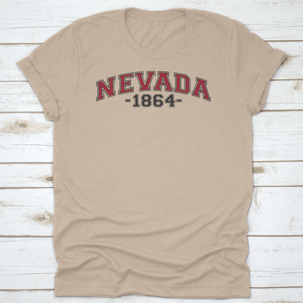 Retro College Varsity Font Typography shirt featuring Nevada state slogan, made from soft cotton fabric.