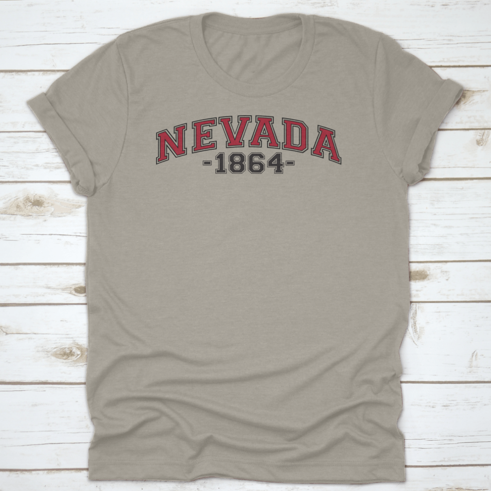 Retro College Varsity Font Typography shirt featuring Nevada state slogan, made from soft cotton fabric.