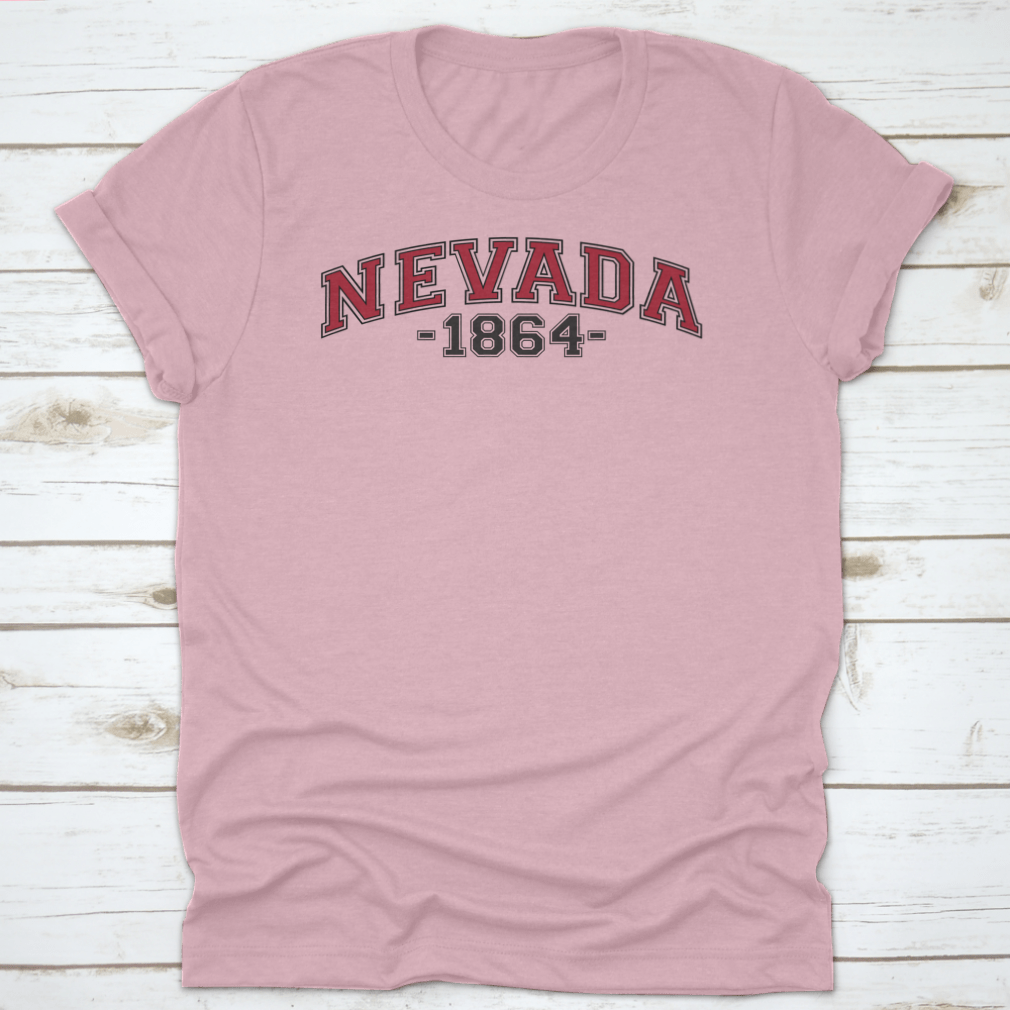 Retro College Varsity Font Typography shirt featuring Nevada state slogan, made from soft cotton fabric.