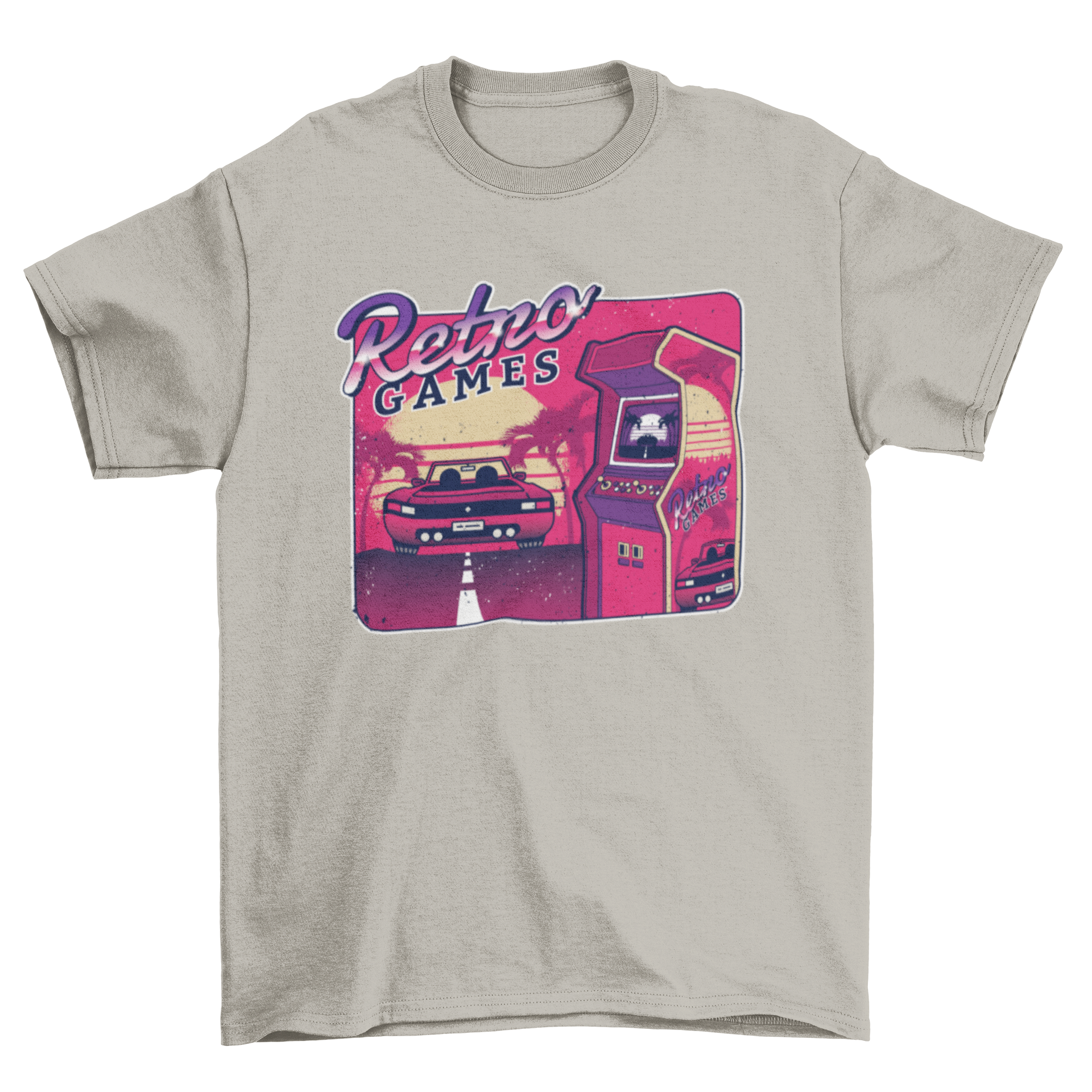 Retro Gaming Arcade T-shirt featuring vibrant 80s style graphics and the words RETRO GAMES.