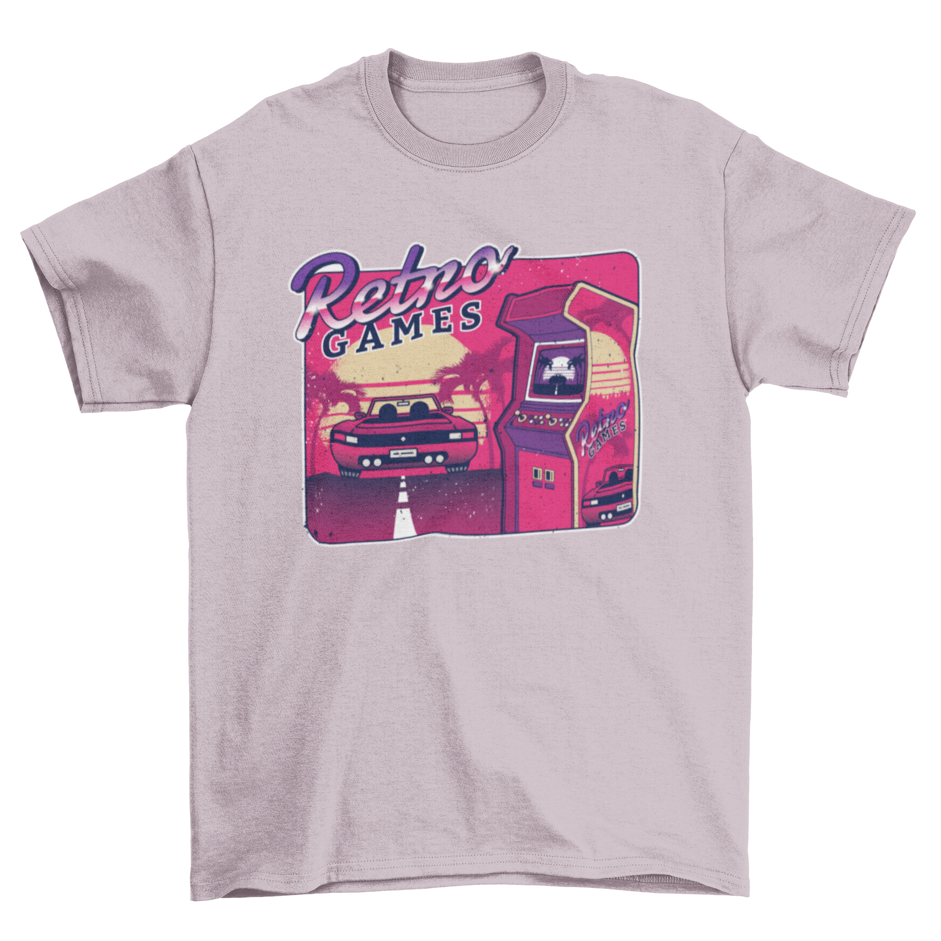 Retro Gaming Arcade T-shirt featuring vibrant 80s style graphics and the words RETRO GAMES.