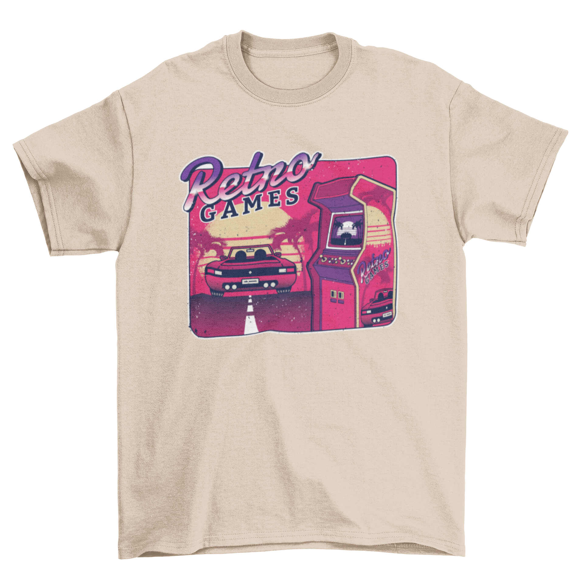 Retro Gaming Arcade T-shirt featuring vibrant 80s style graphics and the words RETRO GAMES.