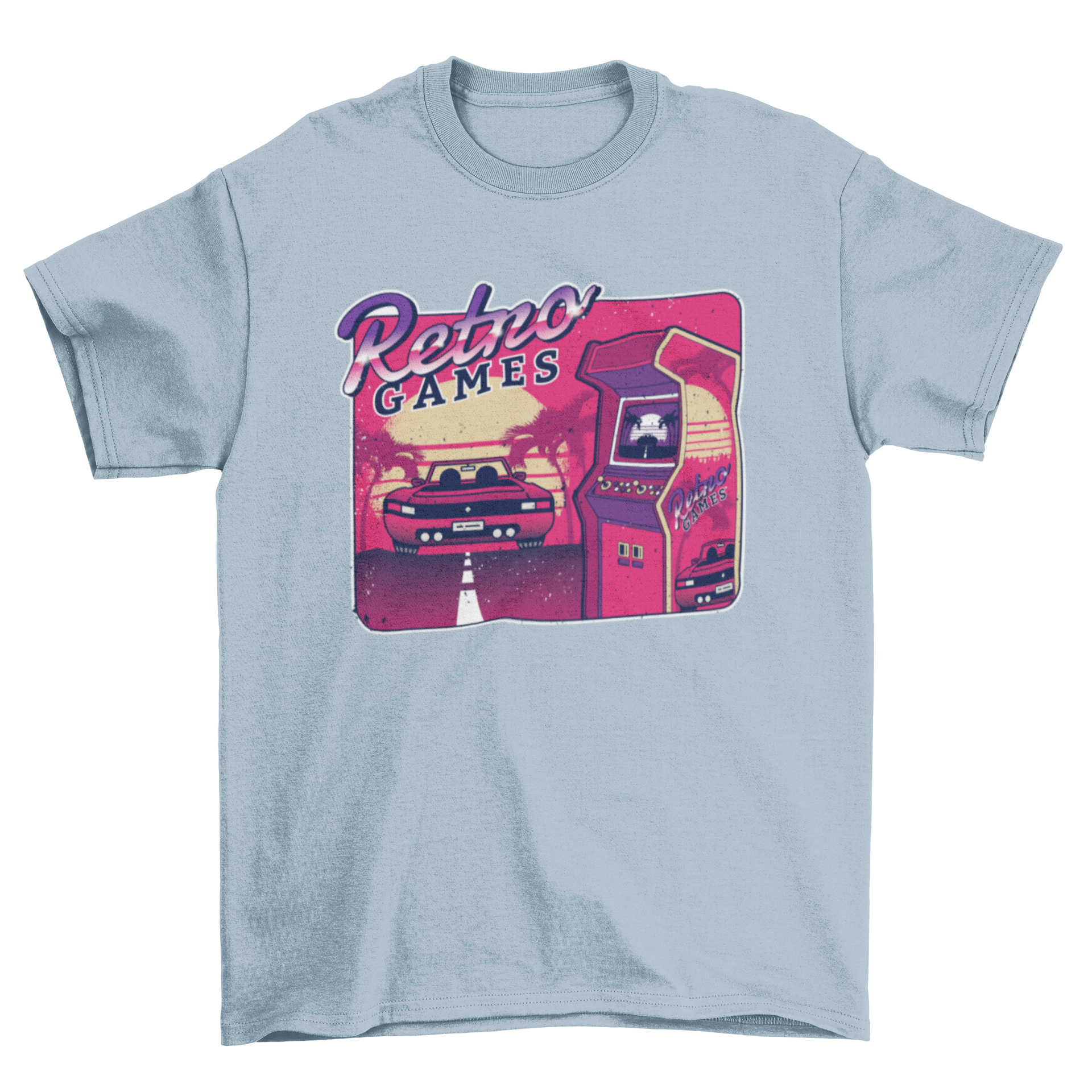 Retro Gaming Arcade T-shirt featuring vibrant 80s style graphics and the words RETRO GAMES.