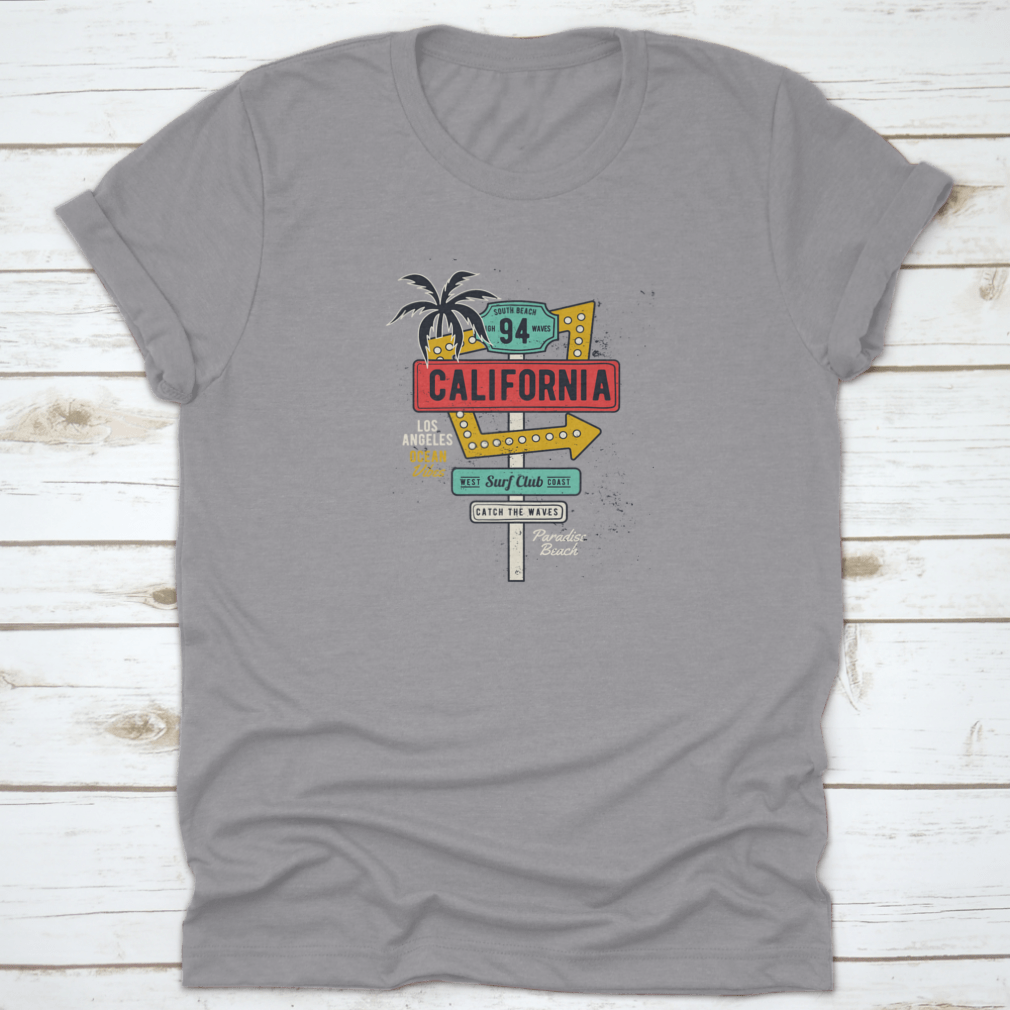 Retro Grungy Route Tropical California T-shirt featuring vibrant colors and a classic fit, perfect for summer activities.