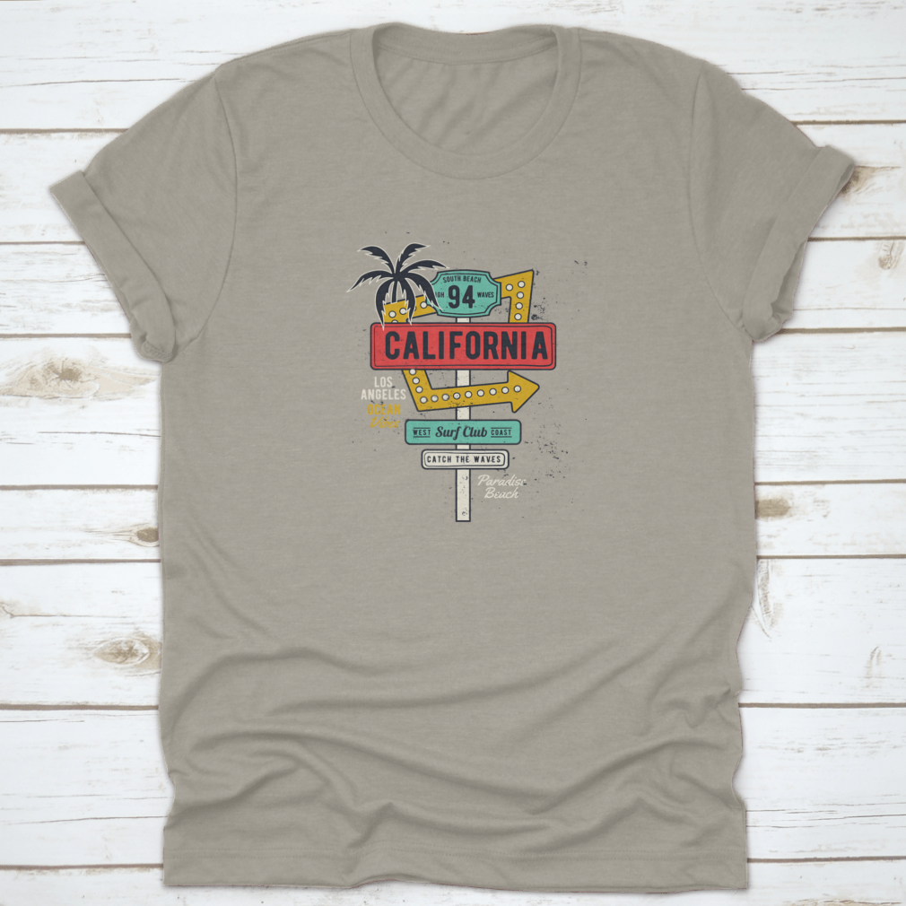Retro Grungy Route Tropical California T-shirt featuring vibrant colors and a classic fit, perfect for summer activities.