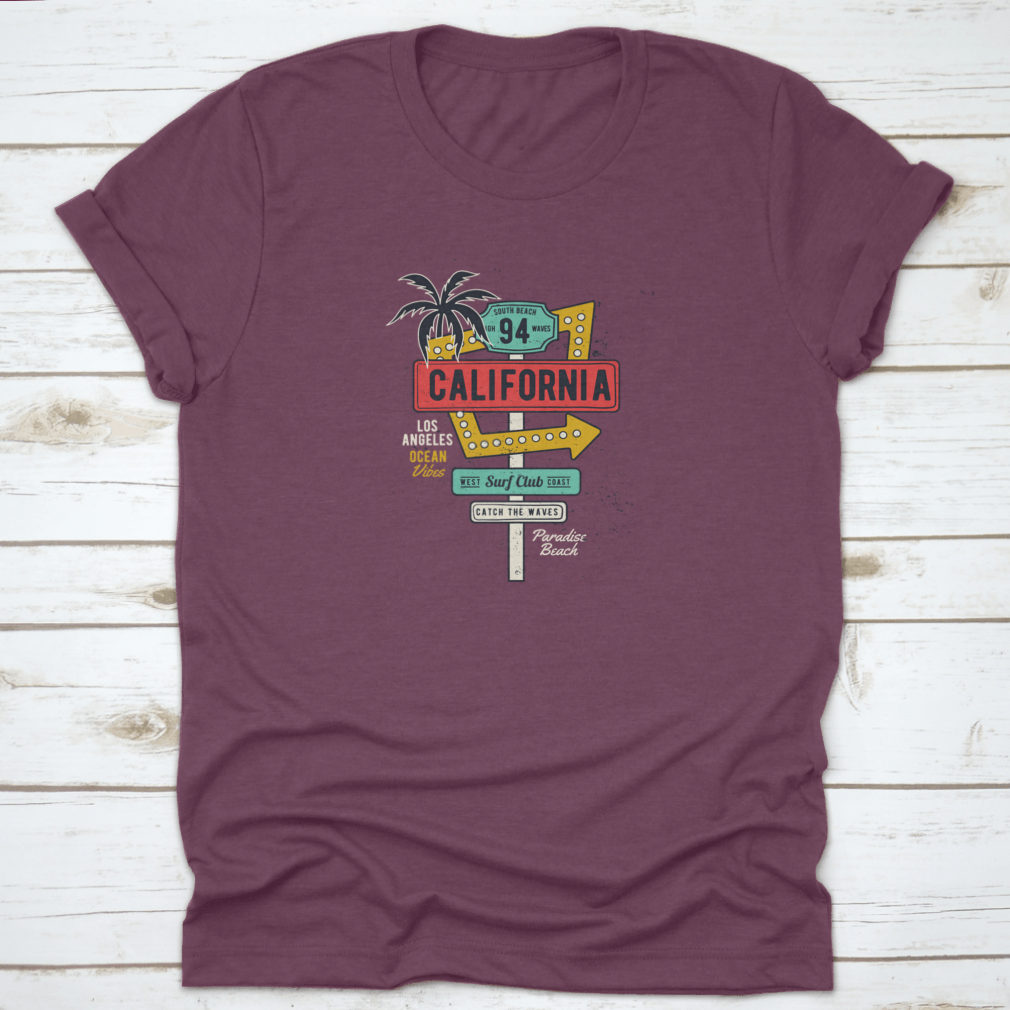Retro Grungy Route Tropical California T-shirt featuring vibrant colors and a classic fit, perfect for summer activities.