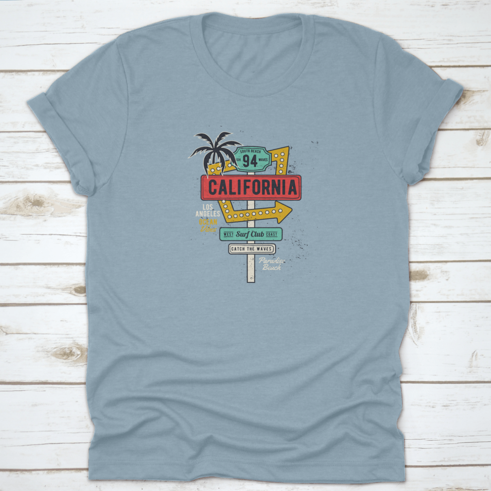 Retro Grungy Route Tropical California T-shirt featuring vibrant colors and a classic fit, perfect for summer activities.