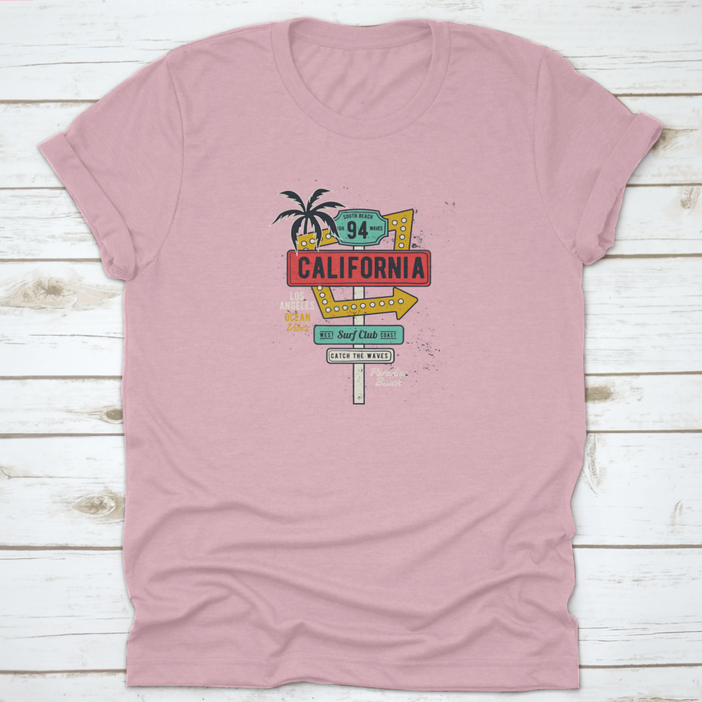 Retro Grungy Route Tropical California T-shirt featuring vibrant colors and a classic fit, perfect for summer activities.