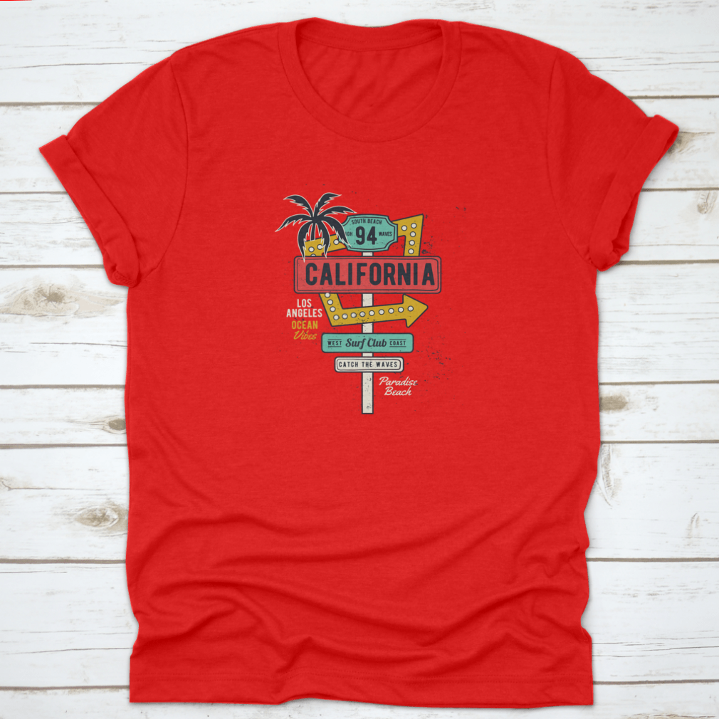Retro Grungy Route Tropical California T-shirt featuring vibrant colors and a classic fit, perfect for summer activities.