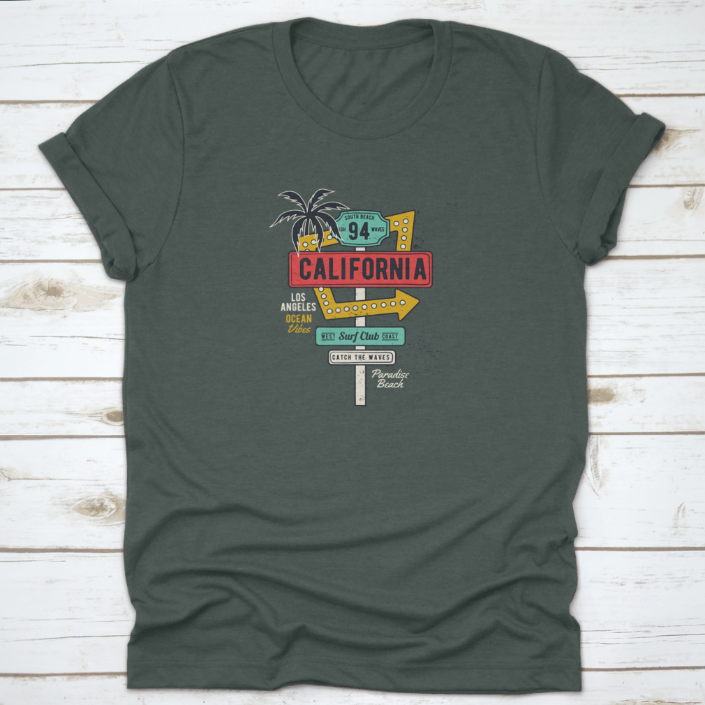 Retro Grungy Route Tropical California T-shirt featuring vibrant colors and a classic fit, perfect for summer activities.