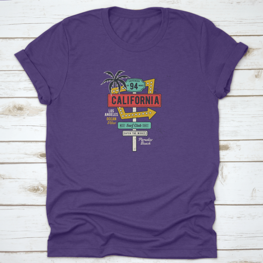 Retro Grungy Route Tropical California T-shirt featuring vibrant colors and a classic fit, perfect for summer activities.