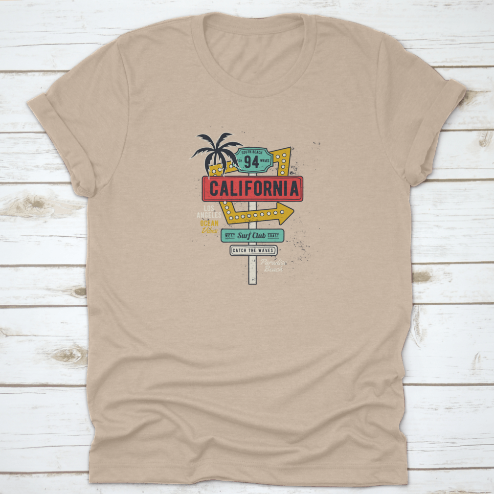 Retro Grungy Route Tropical California T-shirt featuring vibrant colors and a classic fit, perfect for summer activities.