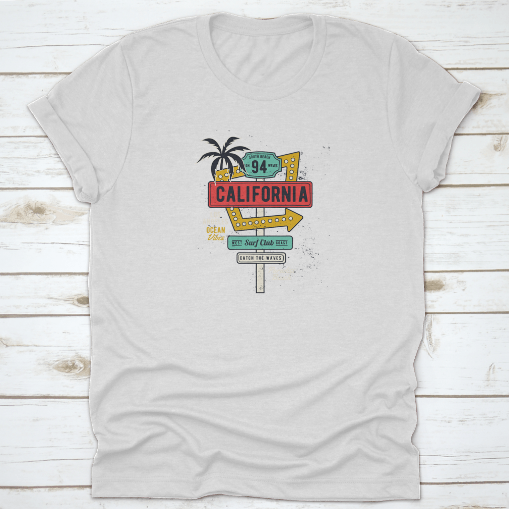 Retro Grungy Route Tropical California T-shirt featuring vibrant colors and a classic fit, perfect for summer activities.
