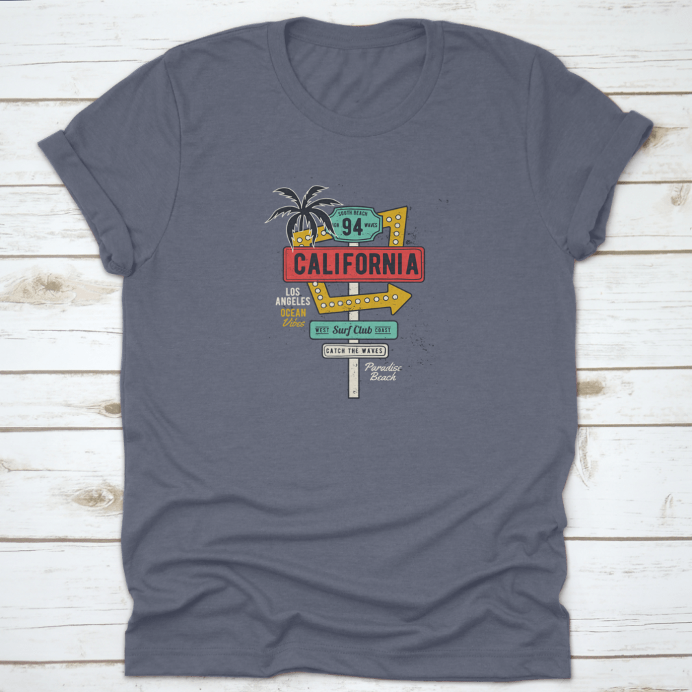 Retro Grungy Route Tropical California T-shirt featuring vibrant colors and a classic fit, perfect for summer activities.