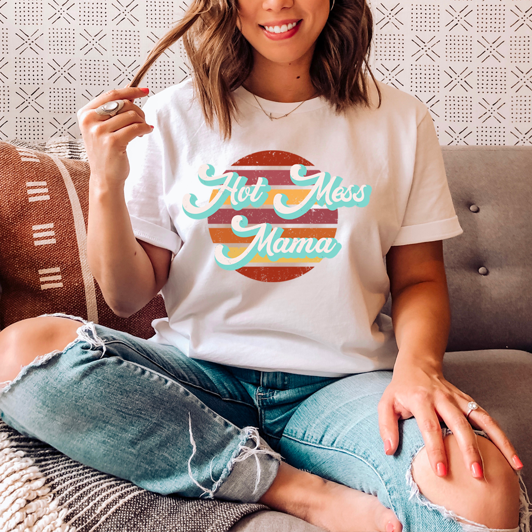 A stylish Retro Hot Mess Mama T-Shirt made from soft cotton, featuring a trendy design suitable for casual wear.