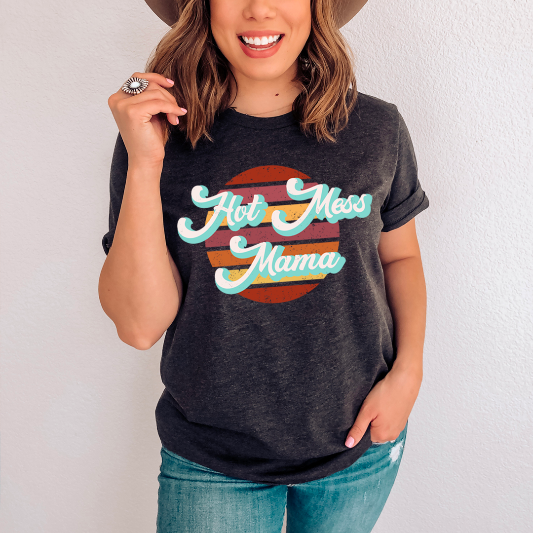 A stylish Retro Hot Mess Mama T-Shirt made from soft cotton, featuring a trendy design suitable for casual wear.