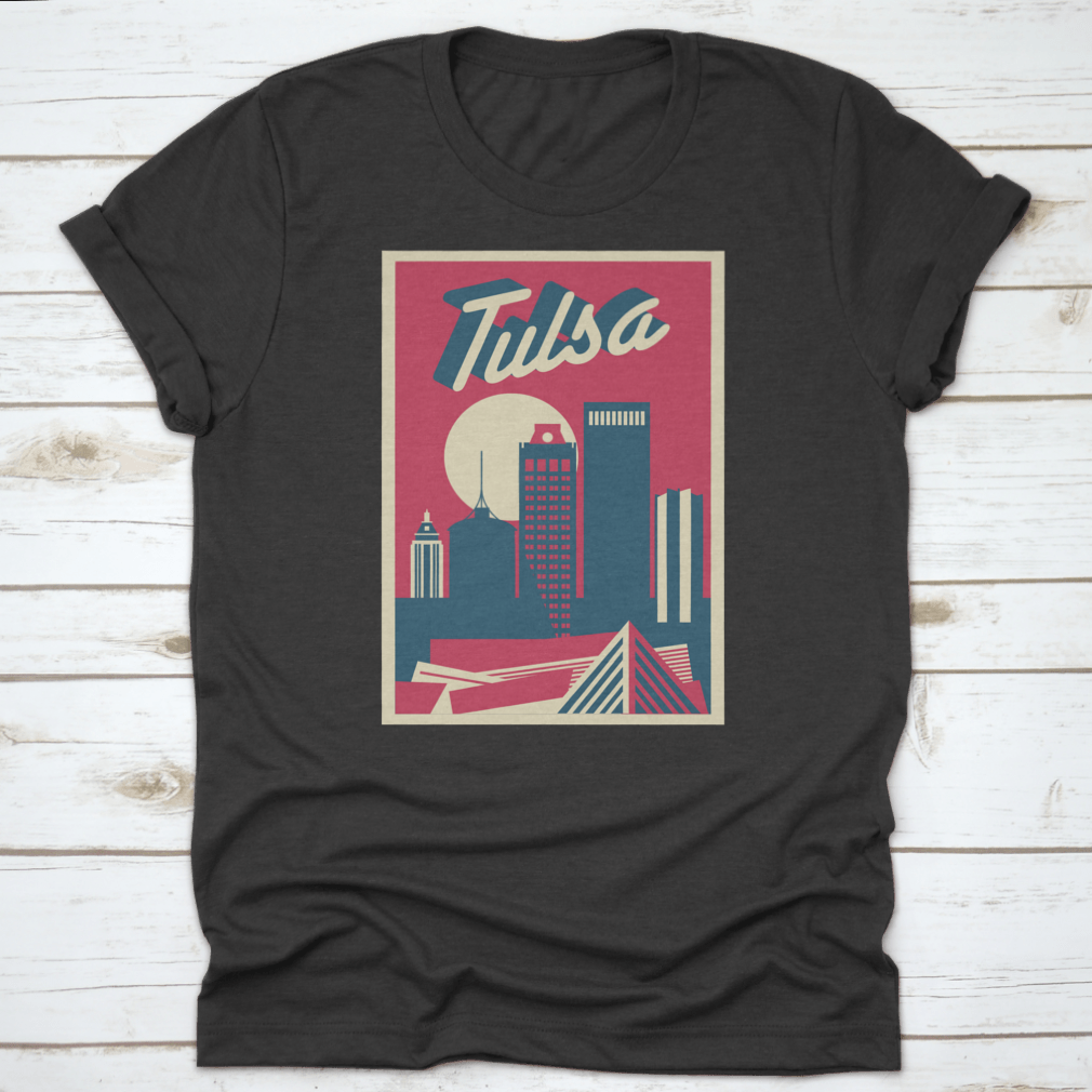 A vintage postcard featuring a retro illustration of the Tulsa, Oklahoma skyline, showcasing iconic buildings and a nostalgic design.