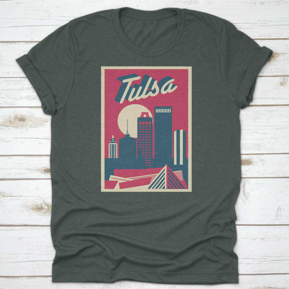 A vintage postcard featuring a retro illustration of the Tulsa, Oklahoma skyline, showcasing iconic buildings and a nostalgic design.