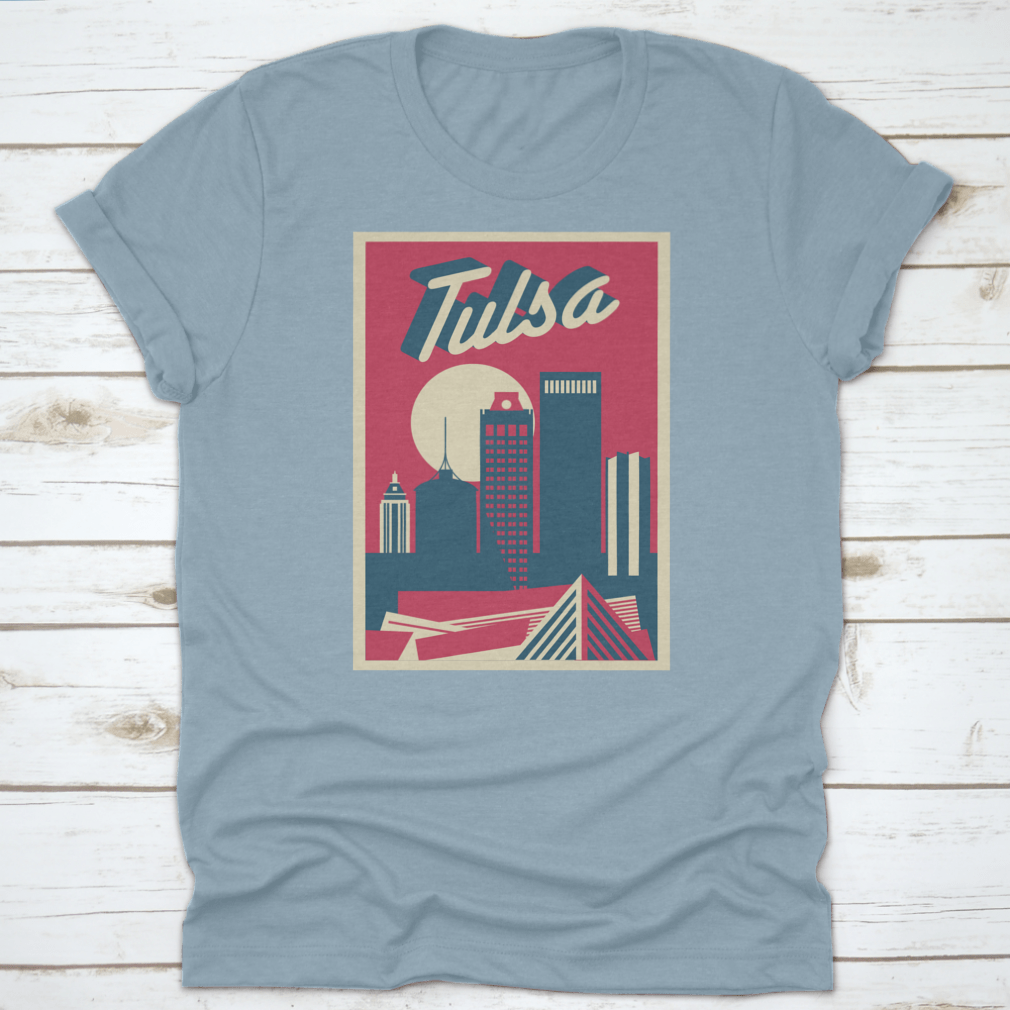 A vintage postcard featuring a retro illustration of the Tulsa, Oklahoma skyline, showcasing iconic buildings and a nostalgic design.
